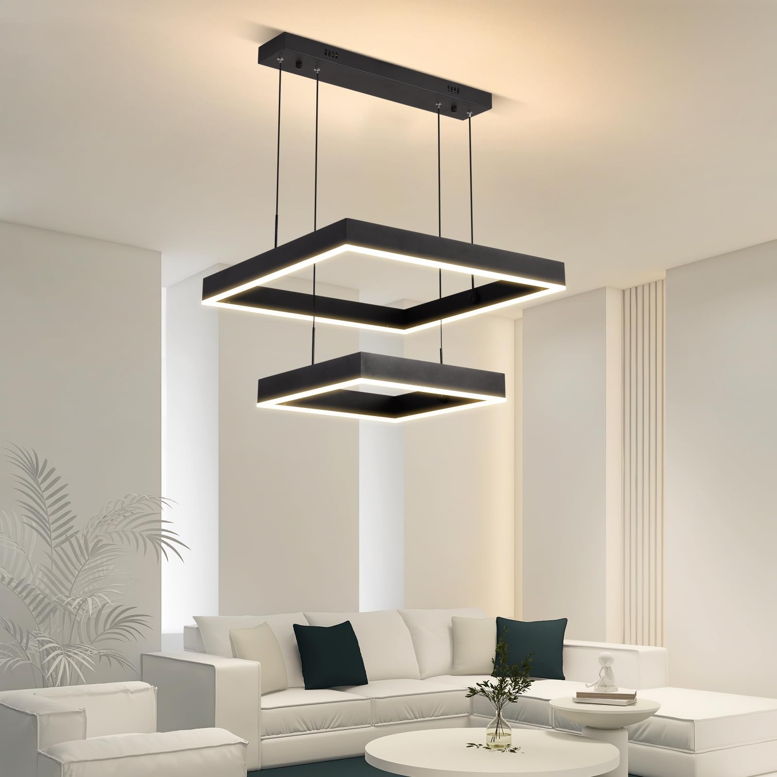 Behsig Modern Led Chandelier,2 Ring Rectangle Chandelier For Dining Room,Dimmable Black Modern Chandelier High Ceiling Hanging L