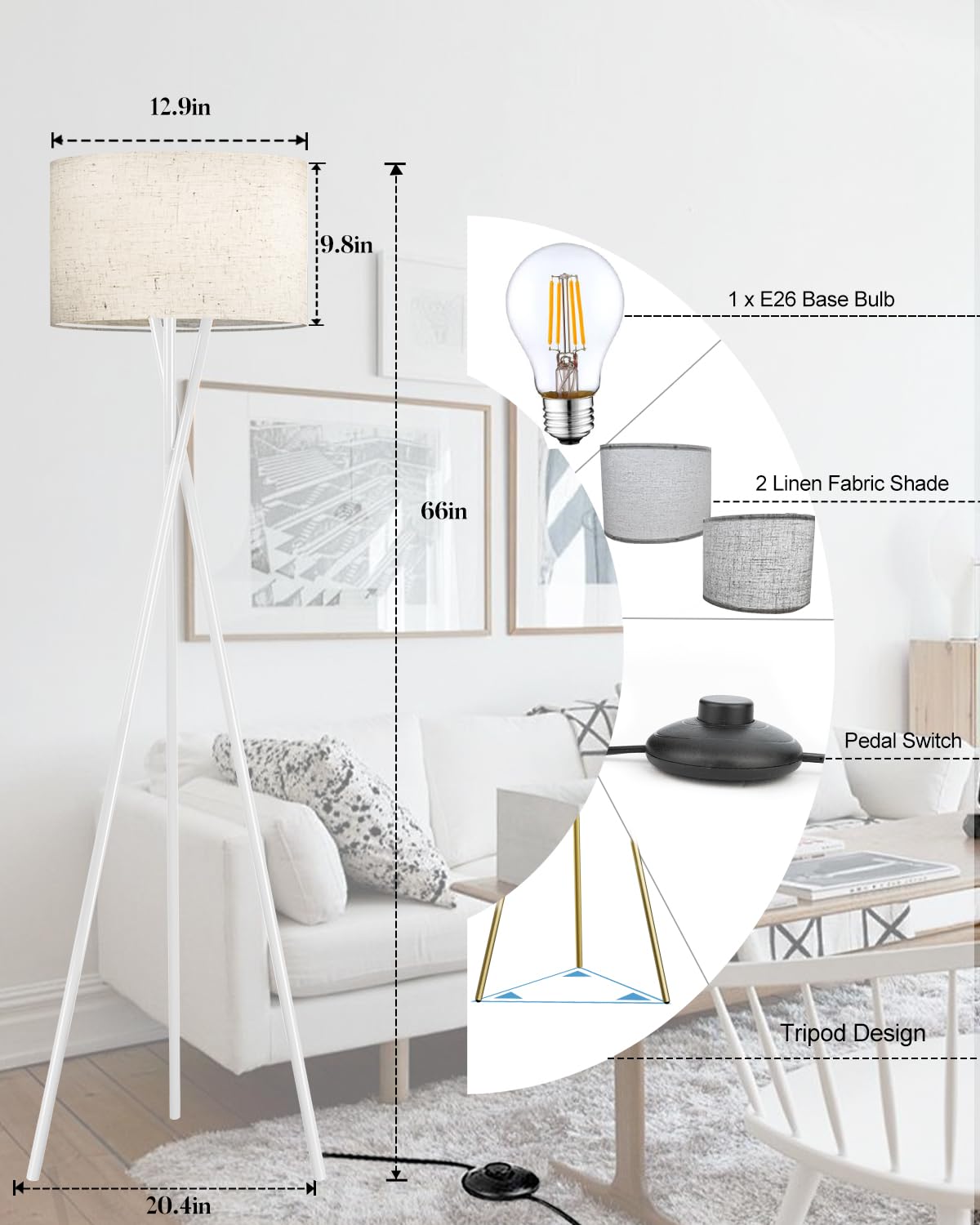 Lightdot White Tripod Floor Lamp, Modern Floor Lamp For Living Room, Standing Lamp With Linen Shade, E26 Bulb Included, 66'' Tal