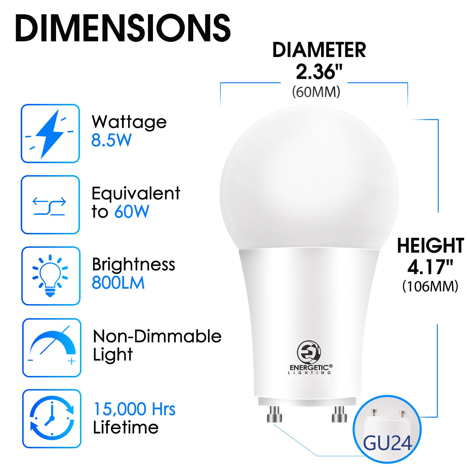 Energetic Led Gu24 Light Bulb, A19 Shape 60 Watt Equivalent (8.5W), 4000K Cool White, 800 Lumens, Non-Dimmable, 2 Pin Led Light