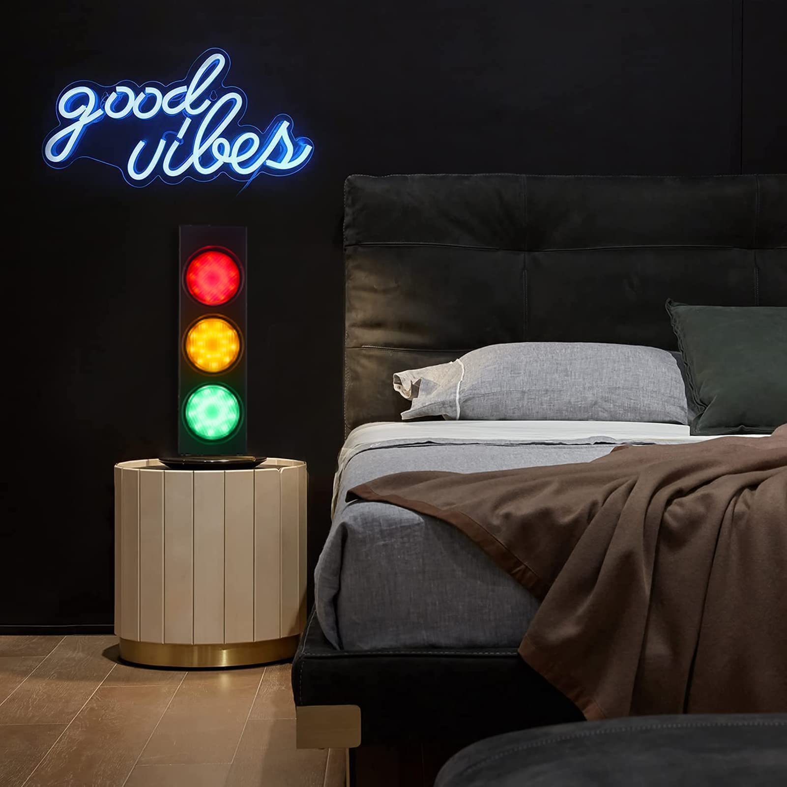 PANLAVIE Traffic Light Wall Lamp, Remote Control LED Sconce, 18.5'' Black Metal, Retro Kids Bedroom Decor, Model PLV-TLD02