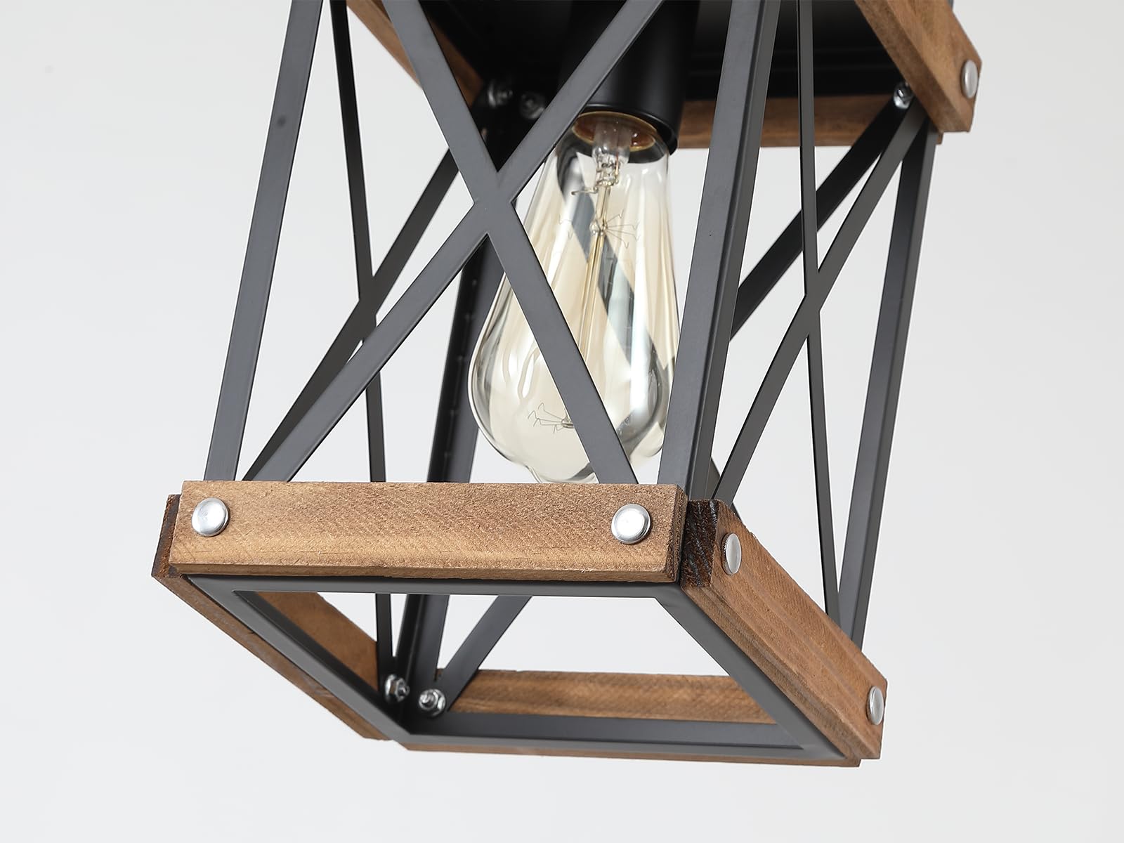 2 Pack Rustic Farmhouse Wood Pendant Light Fixture One-Light Adjustable Chain Oak Wood And Metal Lantern Cage Small Pendant Lighting For Kitchen Island Sink Hallway Farmhouse Bathroom Bar  Black