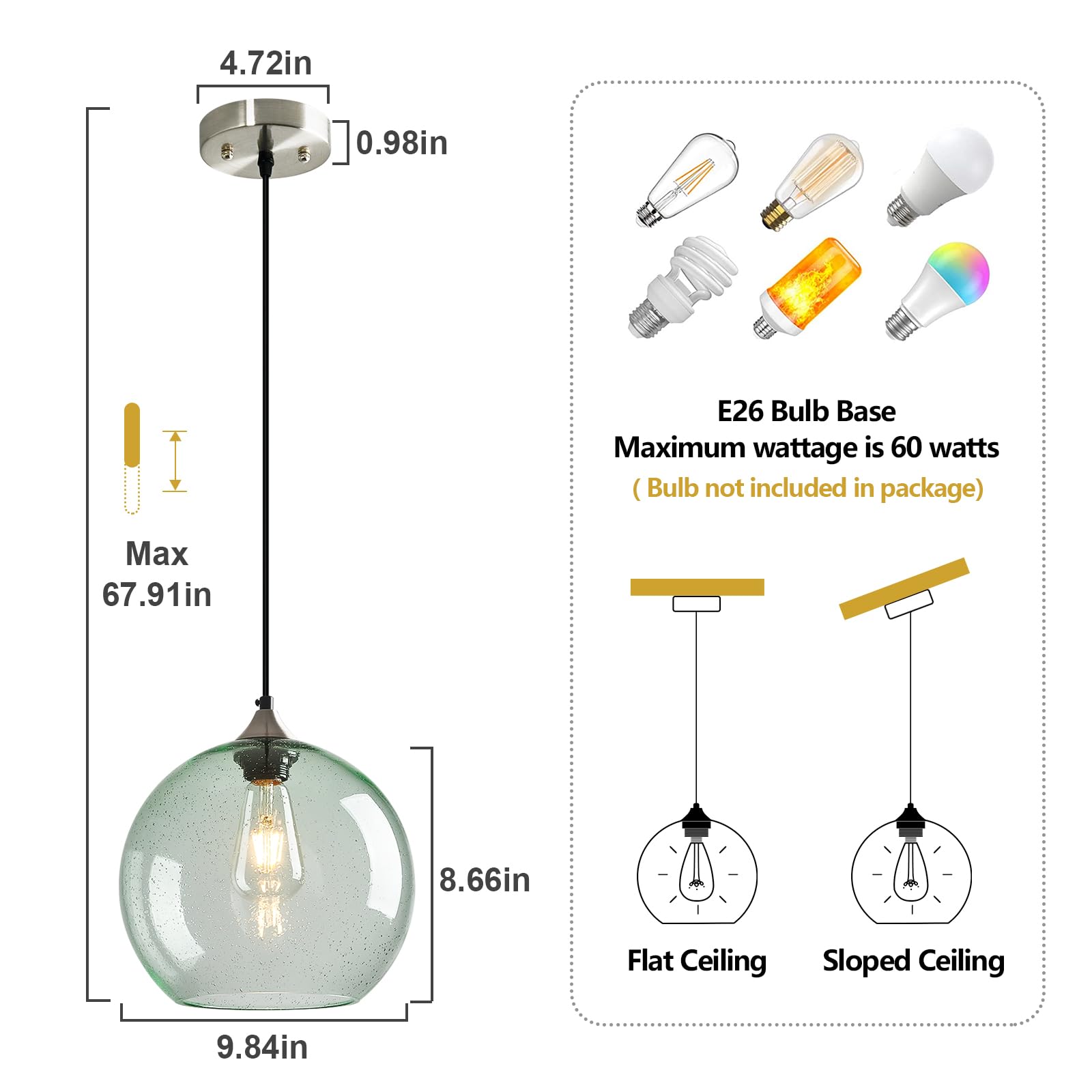 Lbsqj Light Green Glass Pendant Lights Kitchen Island Globe Pendant Light Fixtures Modern Pendant Lighting For Bedroom Living Dining Room Light Fixture (9.84 In  3 Pack)