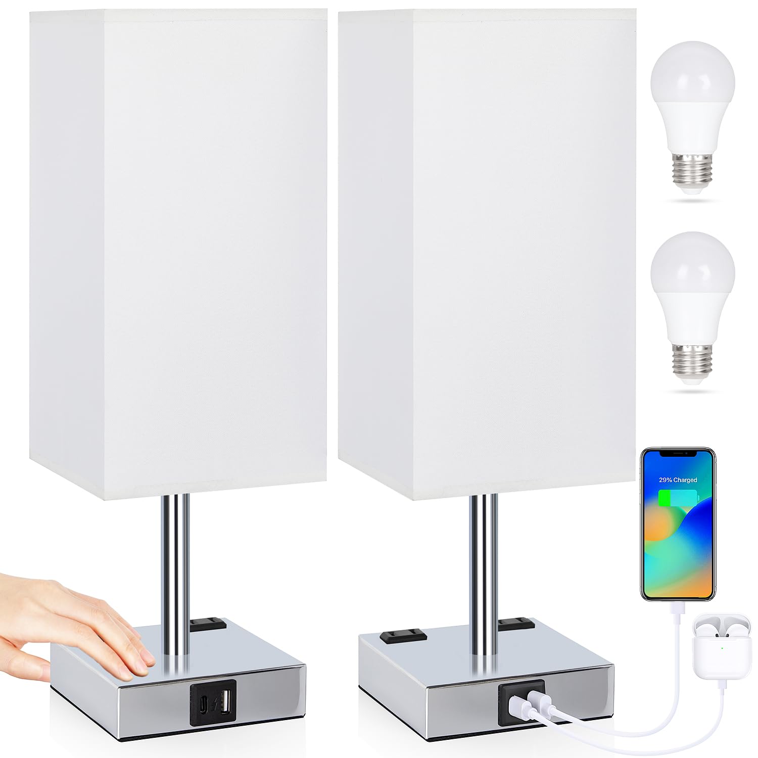 Soilsiu Bedside Table Lamp Set of 2, 3 Way Dimmable, USB C & A Ports, 2 AC Outlets, 3000K LED Bulbs, White