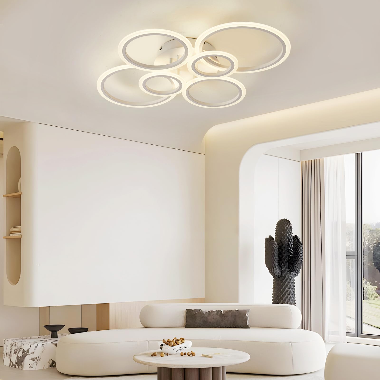 Cyaruy Modern Led Semi-Flush Mount Ceiling Light, Remote-Controlled 3000K-6500K Dimmable, 6-Rings White Round Chandelier Ceiling