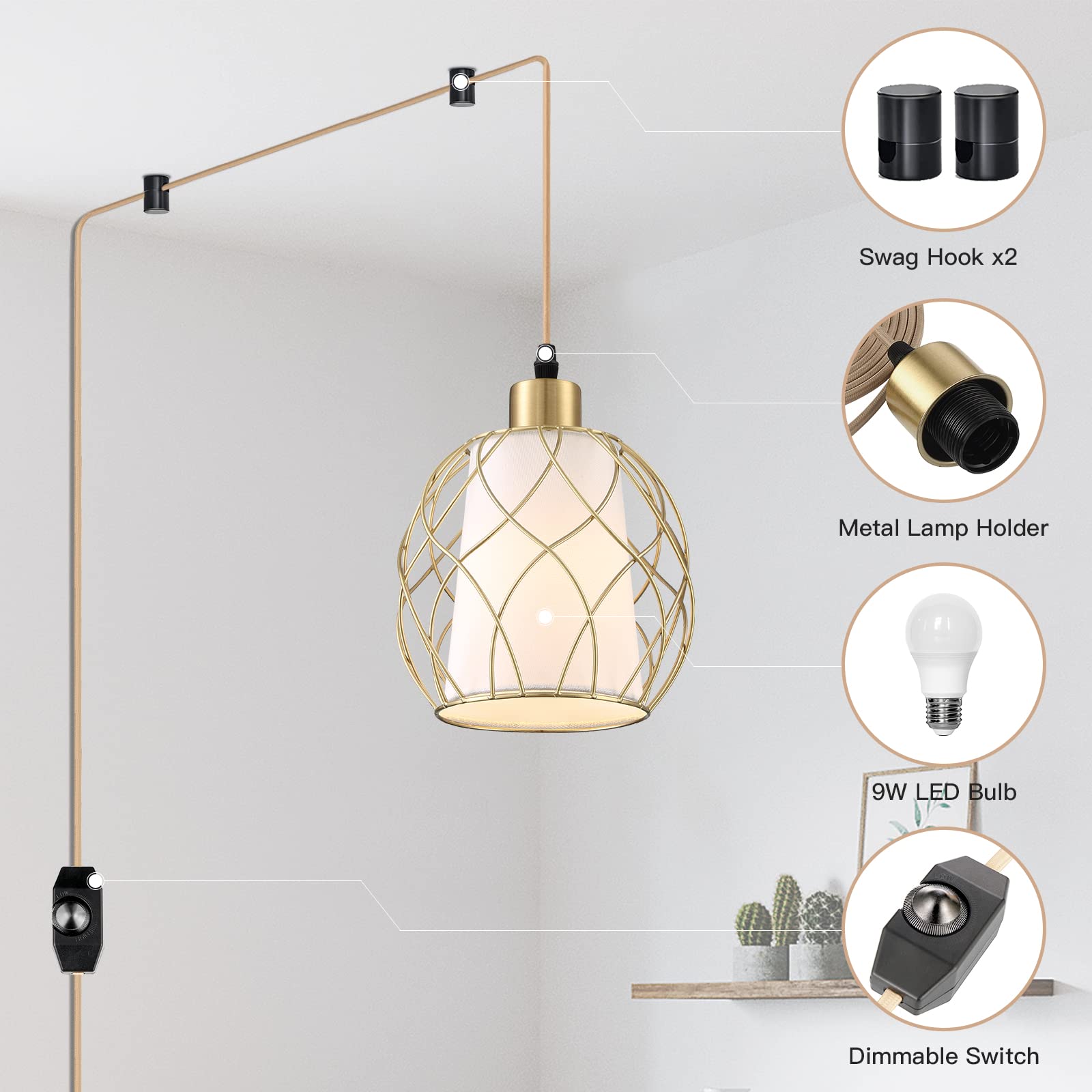 Ruzectt Plug In Pendant Light,Hanging Light With Plug In Cord,Gold Hanging Lamp With Dimmable Switch,15 Ft Golden Cotton Cord,Hanging Light Fixture For Kitchen Living Room Bedroom (Bulb Included)