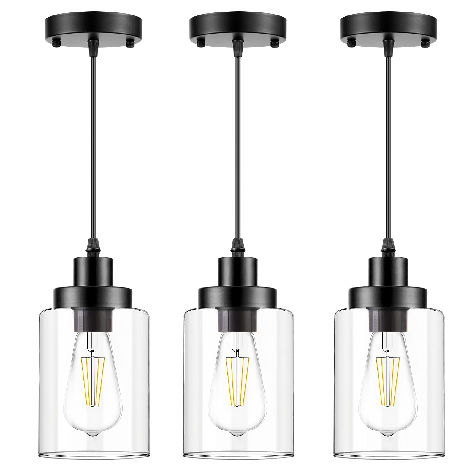 WimiSom Industrial Pendant Lighting, Modern Glass Shade, Hardwire-Black, Adjustable, 3-Pack, Black