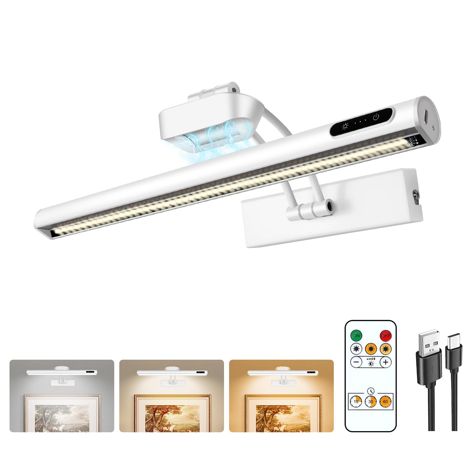 VARICART Magnetic Wireless Picture Light, 16in Metal, Rechargeable, Dimmable, Adjustable, White, Model 12d20244-aa55-408c-a695-74a58