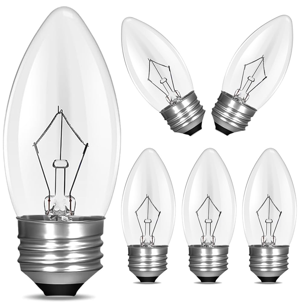 Kodbpj 60W Equivalent Medium E26 Candelabra Base Clear Dimmable Incandescent Torpedo Tip Candle Chandelier (6Pack)