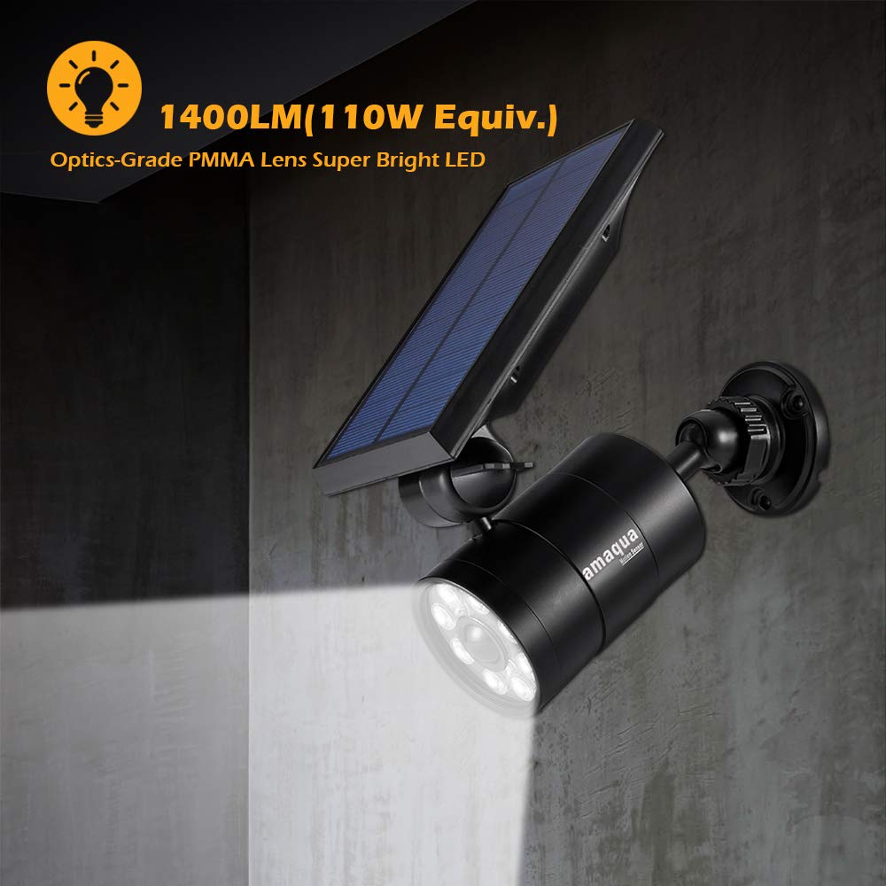 Amaqua Solar Motion Spotlight 9W, 1400 Lumen, Aluminum, Black - Outdoor Floodlight For Garden & Garage