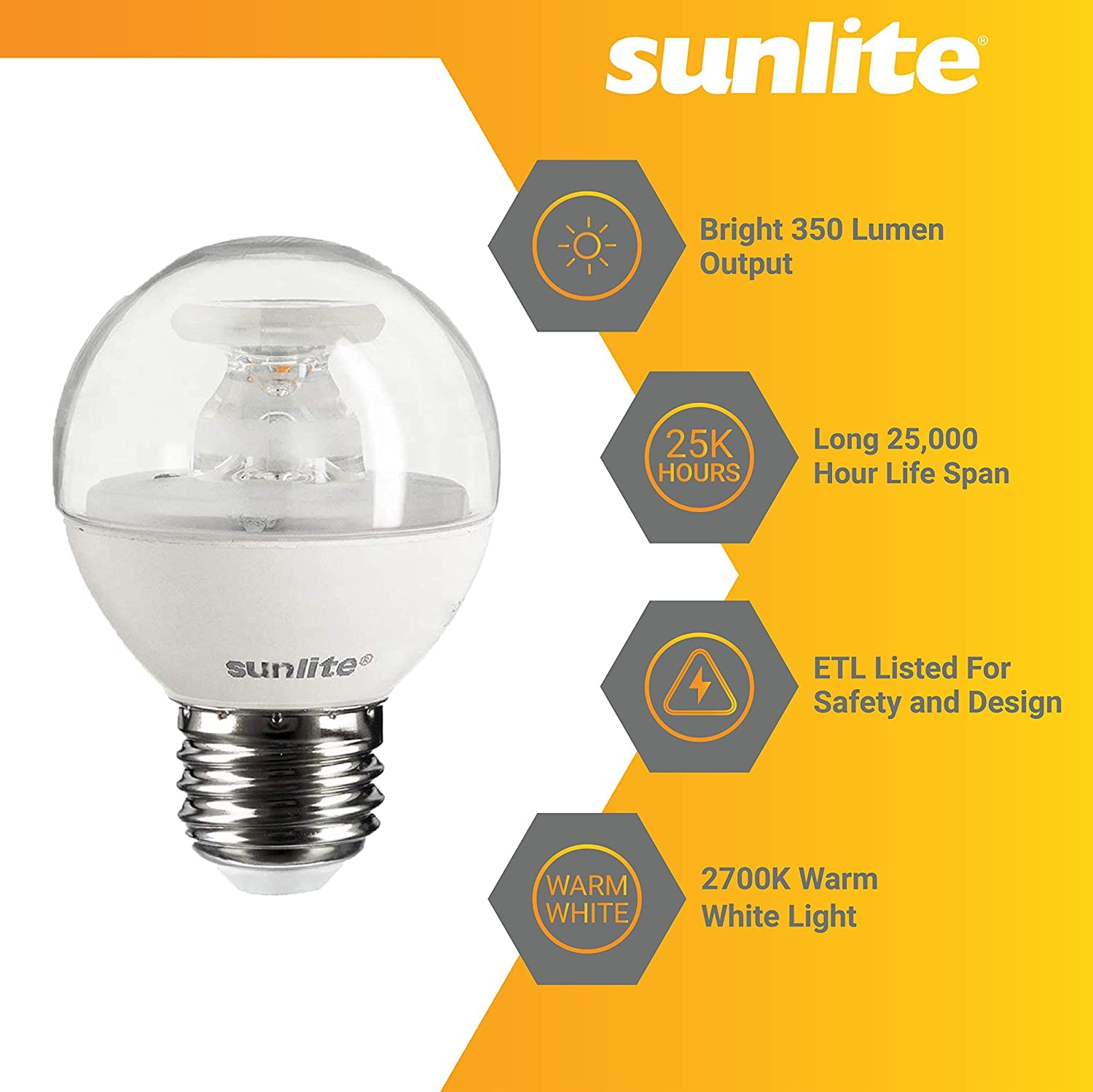 Sunlite G16 LED Light Bulb 5W Dimmable Energy Star 2700K Clear 3 Pack