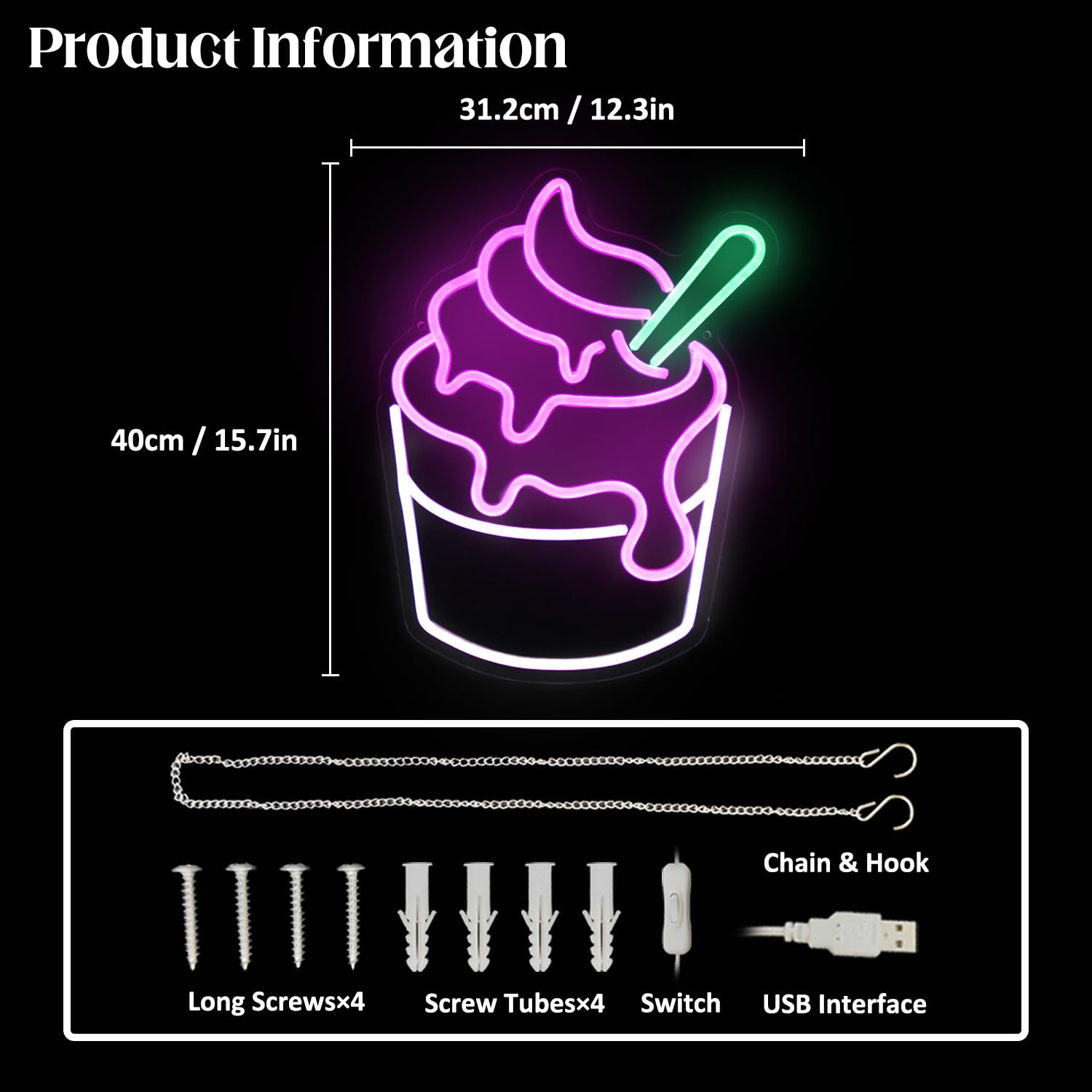 CKTBLEY Ice Cream Neon Sign Pink White Sundae LED Neon Lights Signs Cupcake Neon Signs for Business Wall Decor Melting Ice Cream