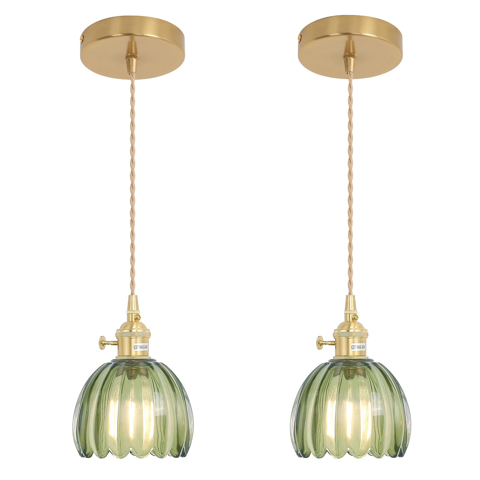 Shenmoyl Mini Pendant Light 2 Pack with Green Tulip Glass Lmapshade, Brass Vintage Pendant Light Adjustable Hanging Light for Ki