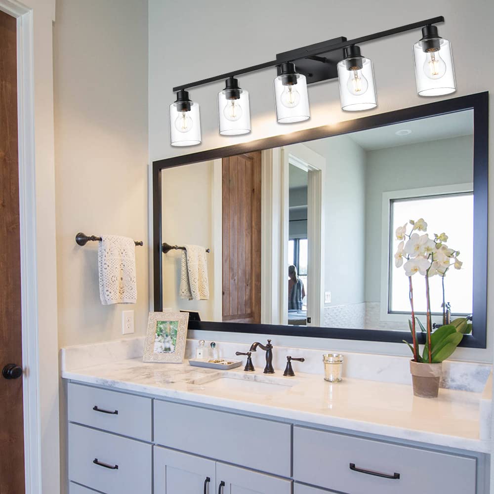 VINLUZ Bathroom Lighting Fixtures, 5-Light Matte Black Farmhouse Vanity Wall Mount Light, Glass, for Porch or Workshop