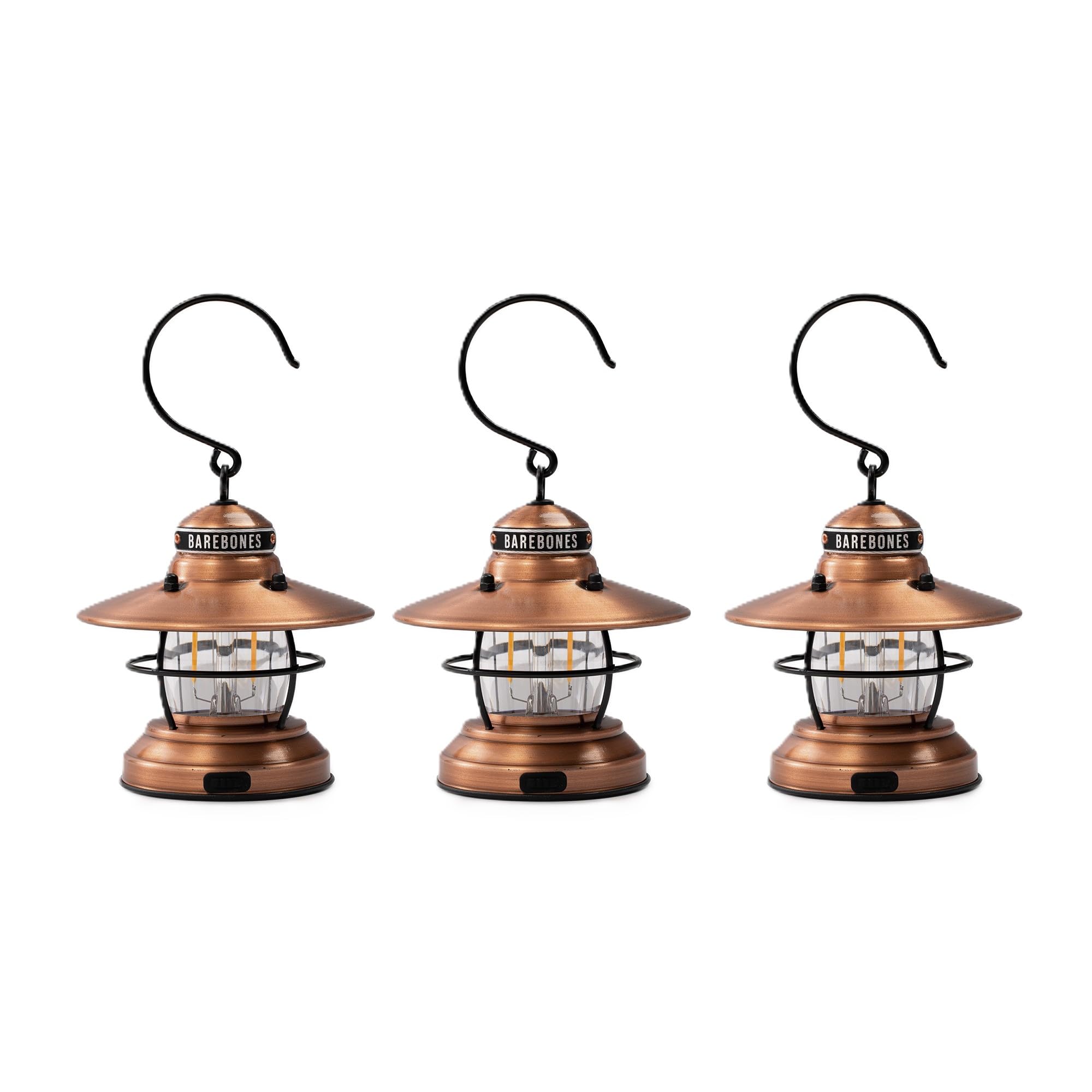 Barebones Edison Mini Lantern - 3 Packs Copper, Vintage LED Camping Lantern with Adjustable Brightness - Compact Weatherproof Ou