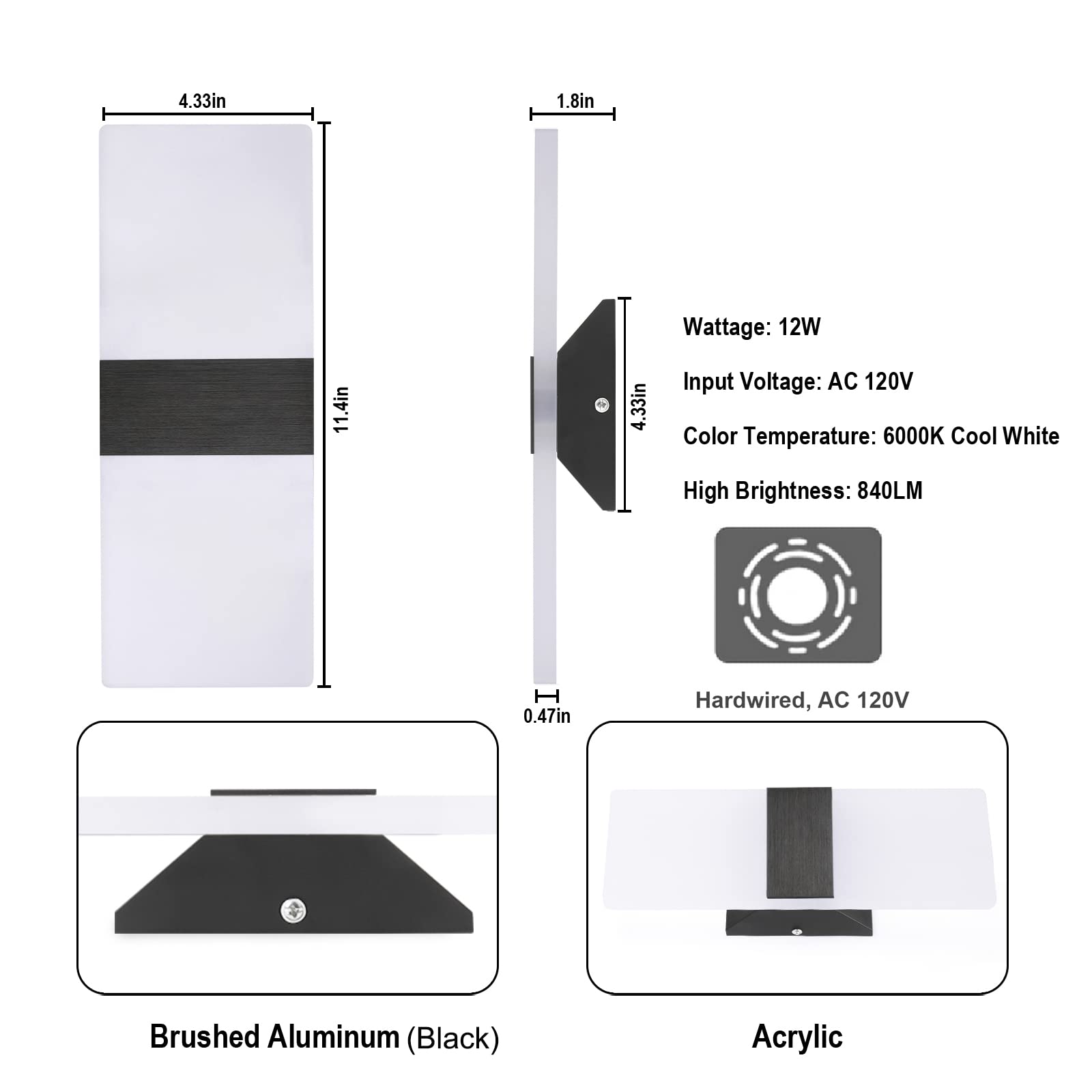 TRLIFE Dimmable Wall Sconces Set of 2 Hardwired LED Lights 12W Cool White Black Brushed Aluminum YKL-6000K-Bla