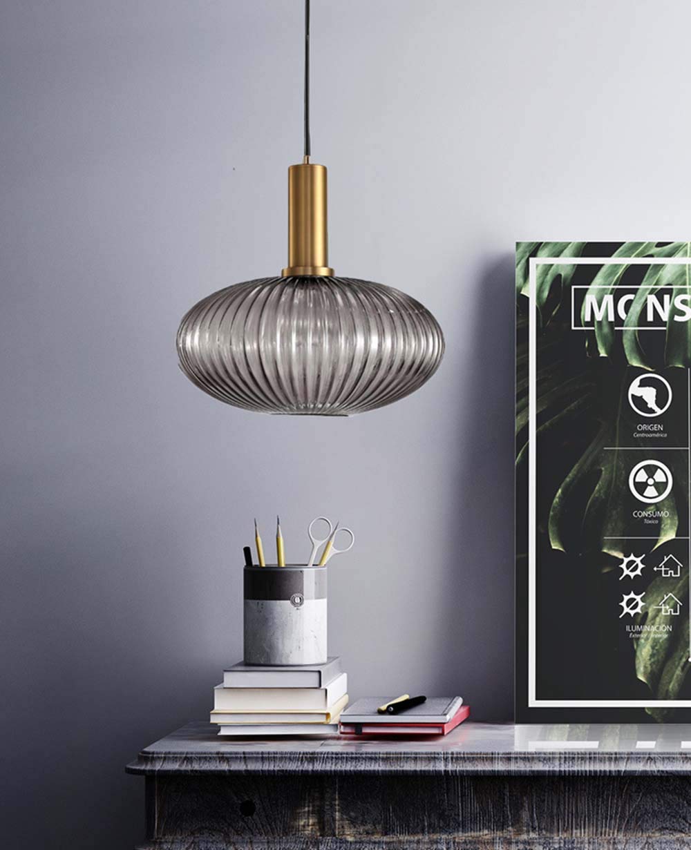 I-xun Modern Pendant Light Fixture, Striped Glass, Gold Socket, 11.81in , Gray, Model SG-L