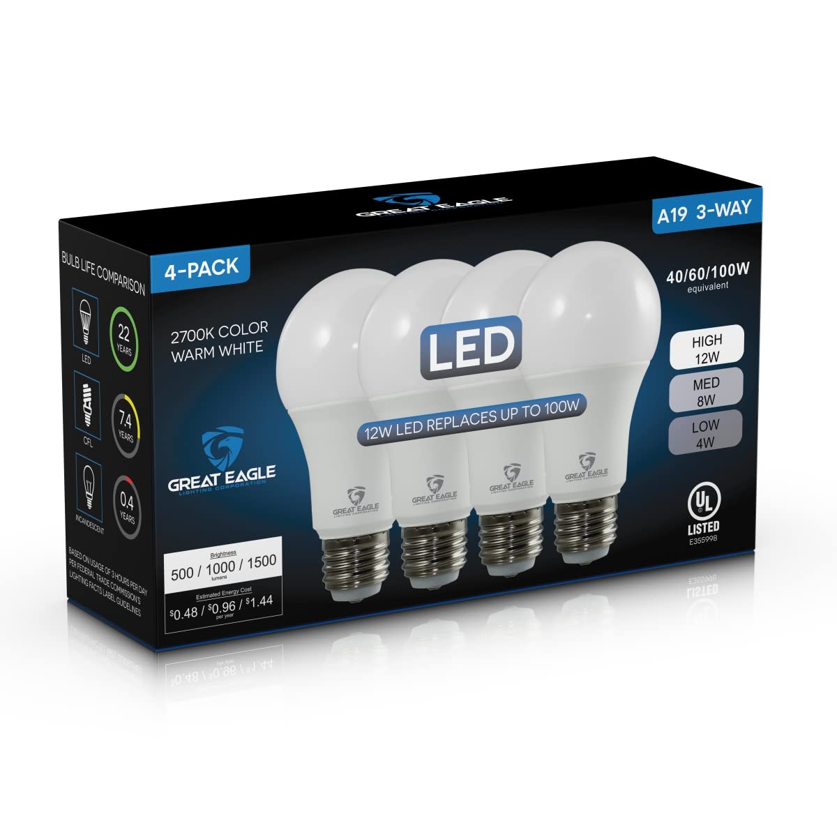 Great Eagle 3-Way A19 LED Light Bulb 40/60/100W Equivalent, 4-Pack, 2700K Warm White, Model 4A193W1427A