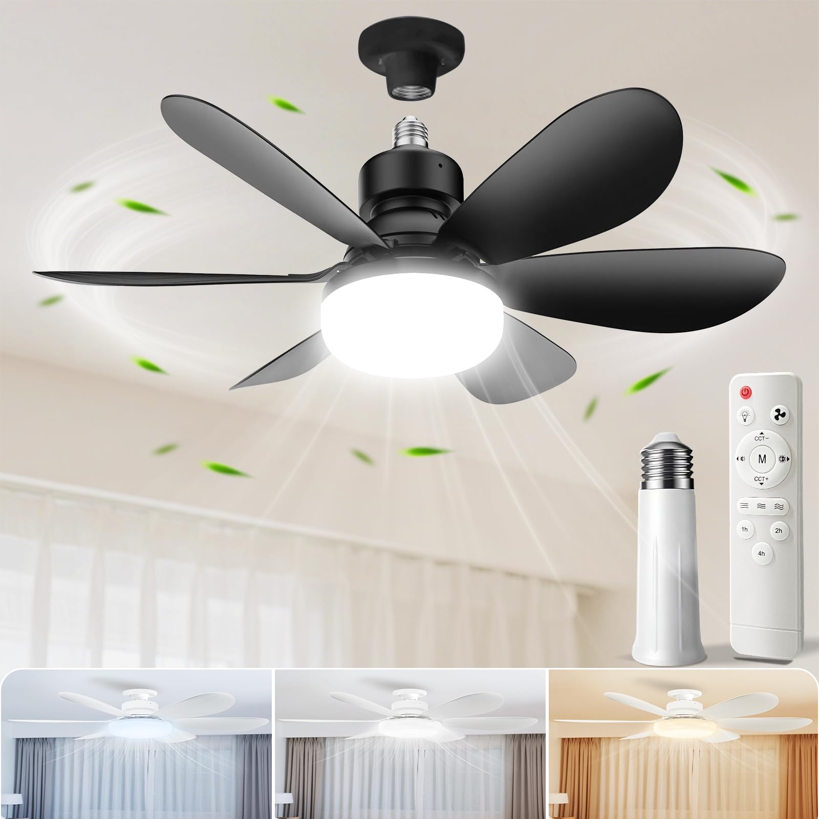 MIMIRGB Socket Fan Light with Remote Small Ceiling Fans with Lights Smart Timing 2000 Lumens Dimmable 3 Colors E26 Base Socket Ceiling Fan for Bedroom Living Garage Kitchen(Black)