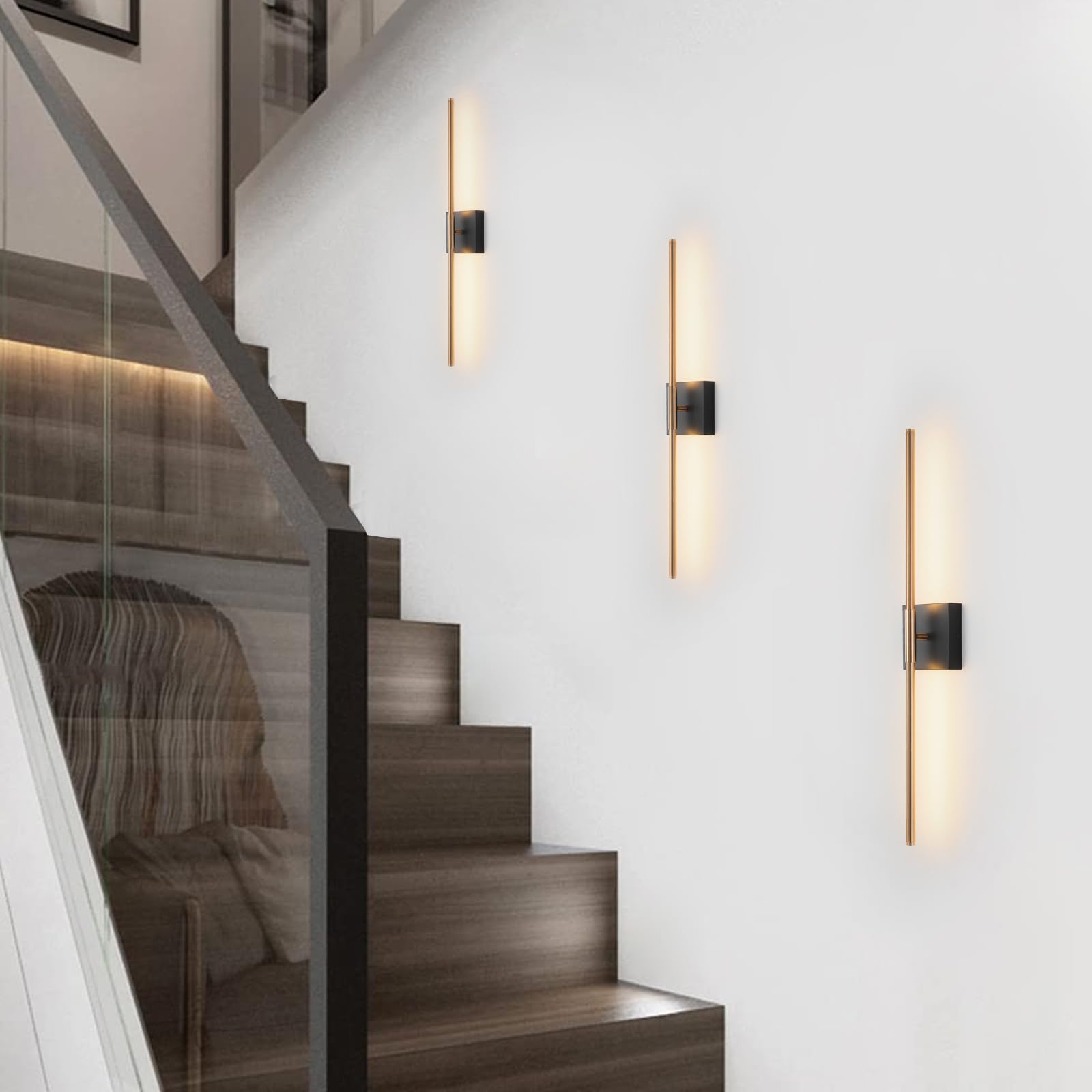 Kuzzull Modern Light Fixture Set Of Two 27.8X4.3X3.4In Black And Brass Gold Sconces 1200Lm Led Wall Lights For Bathroom, Living
