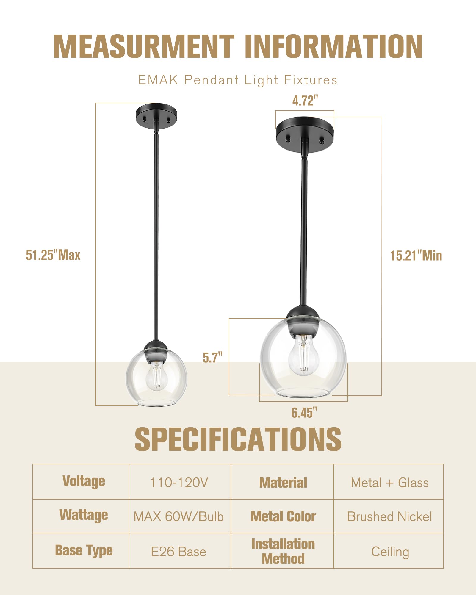 Emak 7 Inch Globe Pendant Light, Matte Black Pendant Light Fixtures With Clear Glass, 1-Light Hanging Lights For Kitchen, Bathro