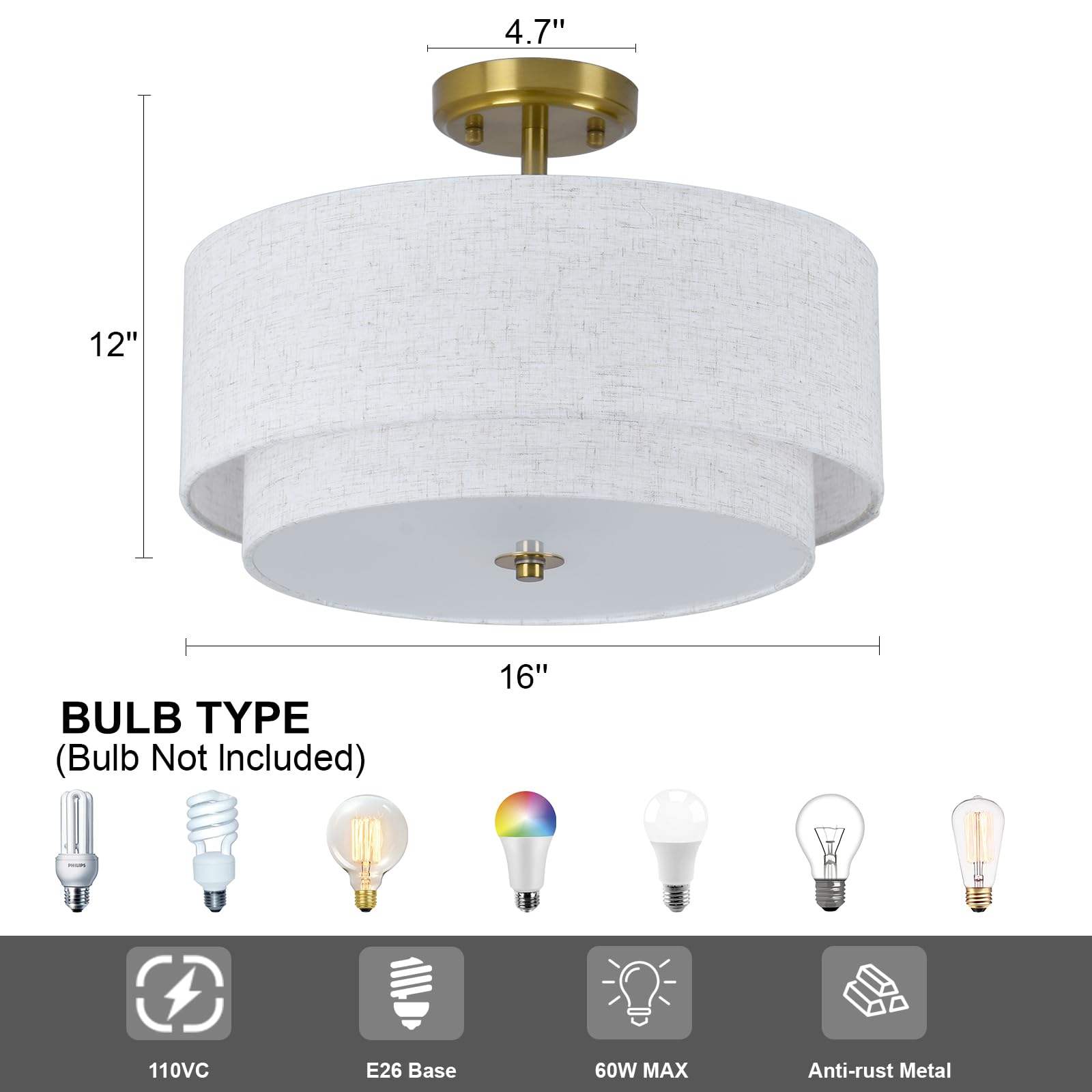 Kirahee 3-Light Gold Semi Flush Mount Ceiling Light Fixture, 16" Modern Fabric Shade for Bedroom, Living Room, Hallway