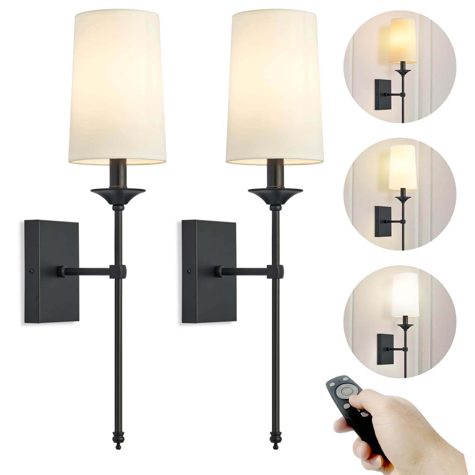 TERLEENART Rechargeable Wall Sconces Set of 2, Modern Candlestick Style, Pure White Fabric Shade, Black Slim Stem, Model TER-715-01-DP