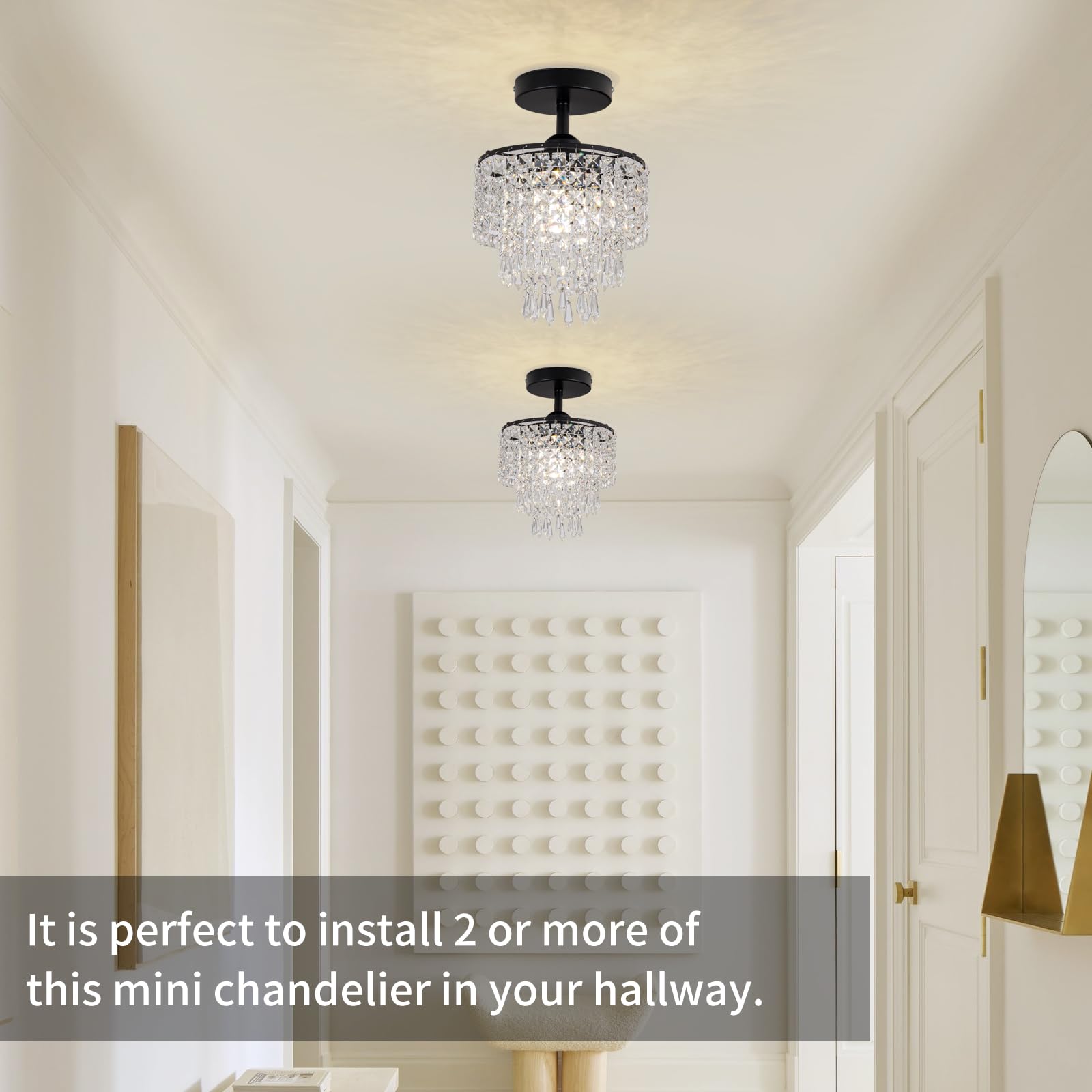 Hongnuofc 8'' Black Chandelier 3-Tier Crystal Raindrop Flush Mount Ceiling Light Fixture Mini Chandelier Light For Bedroom Kitch