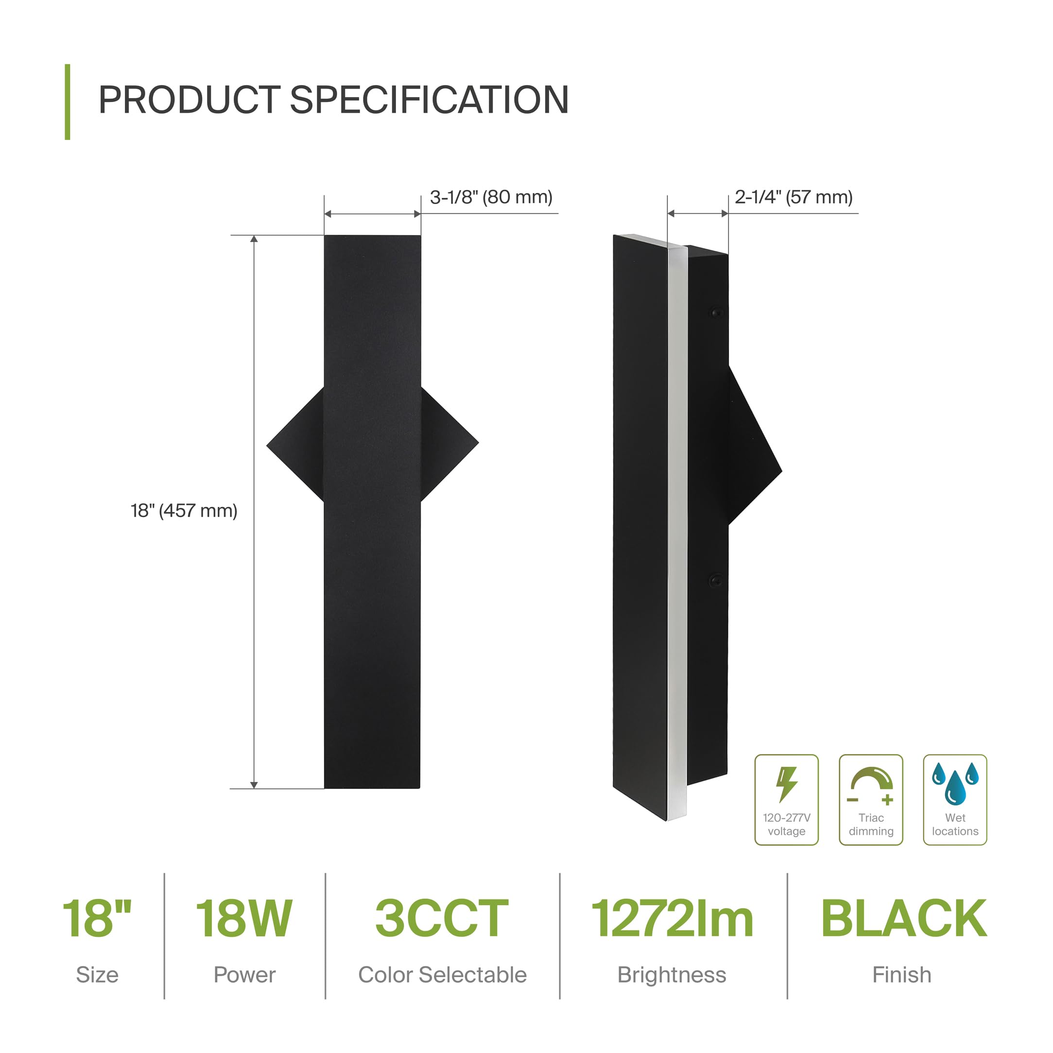 ASD LED Wall Mount Light Fixture, 18W 1200LM, Dimmable, Waterproof, 18 Inch, Black, Model A-LWS27B-18D18BK