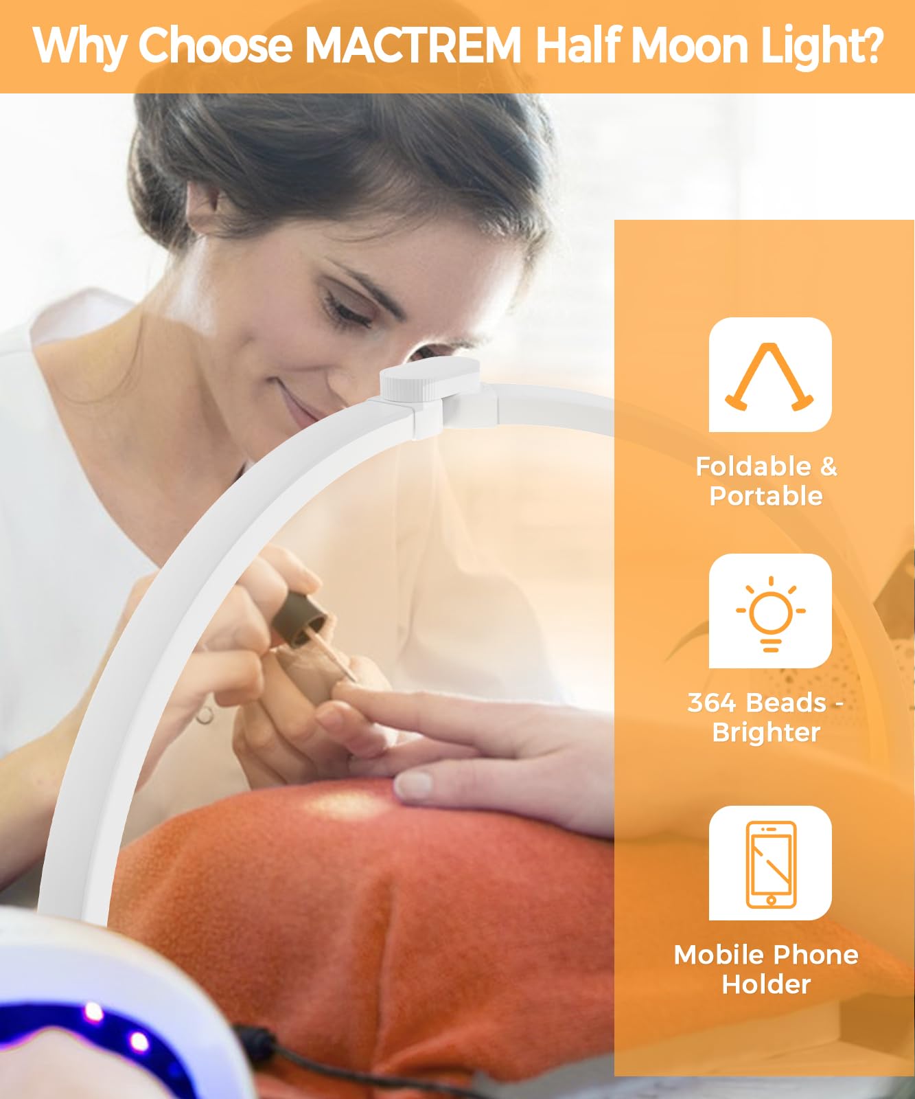 Mactrem Half Moon Light For Nail Desk,Foldable Nail Tech Lights Nail Lamp For Desk With Phone Holder/Carrying Bag, 30In 40W, 3 C