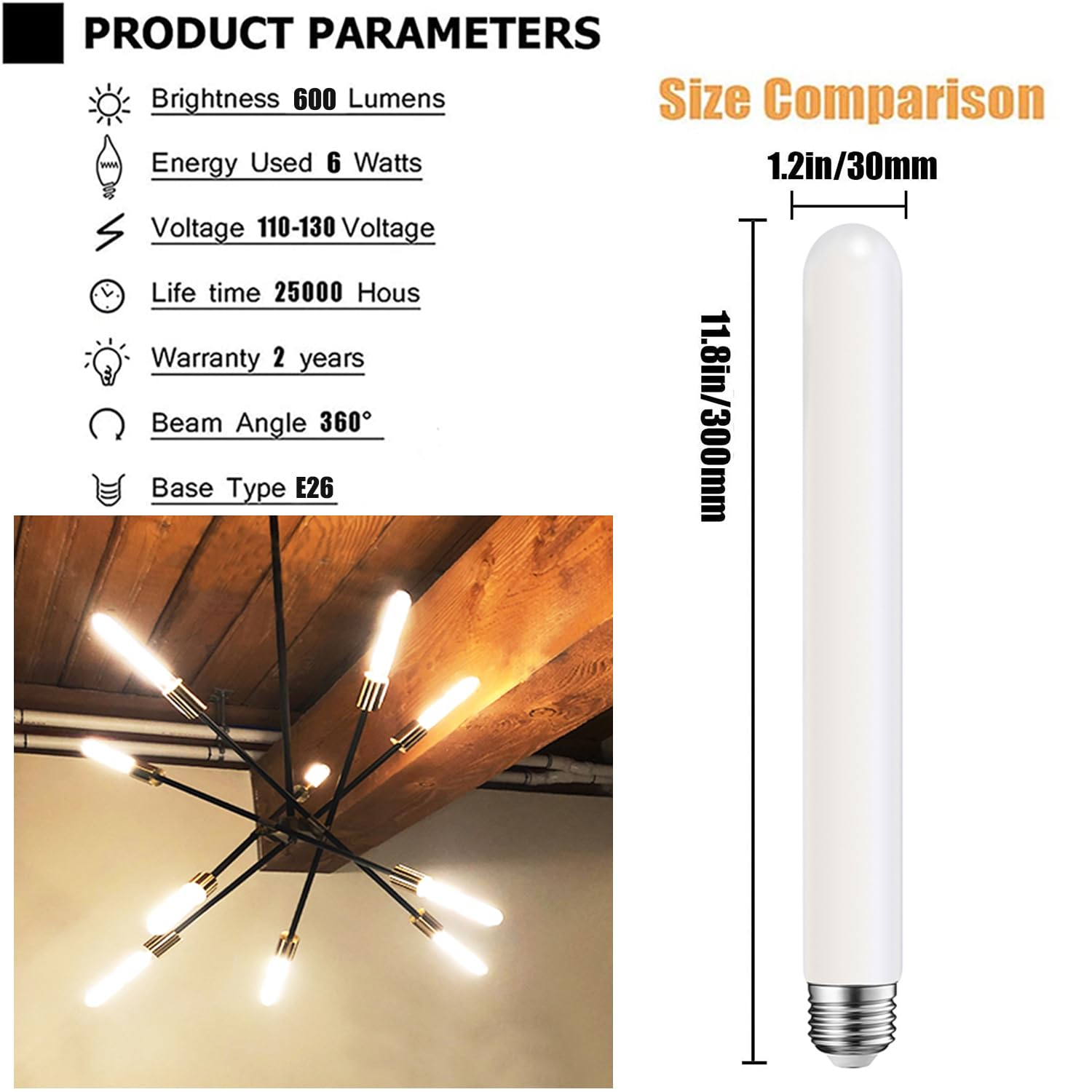 T10 Led Light Bulb 11.8Inch E26 Base Matt Opal Porcelain Warm White 2700K Dimmable Edison 6W Led Tubular Bulb,500Lm,60 Watt Equi