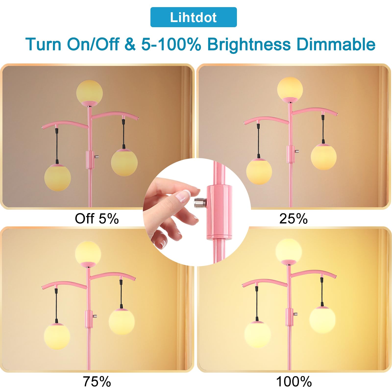 Lightdot 67IN Vintage Tree Floor Lamp, Dimmable, Polycarbonate, 3 Globe, Pink, Model LFLL-M-DC