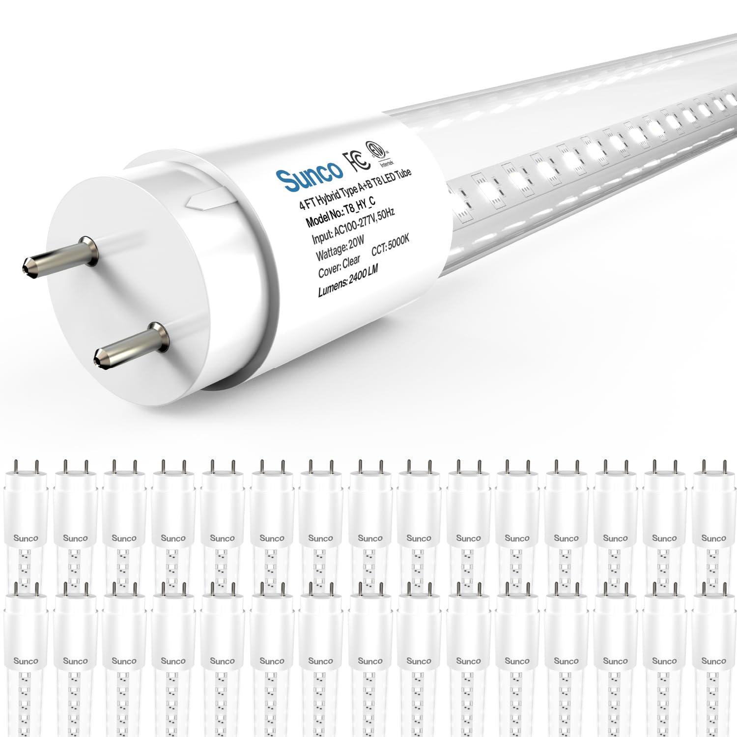 Sunco T8 LED Bulbs 4 Foot 20W 2400 LM 5000K Daylight 30 Pack Hybrid Type A+B