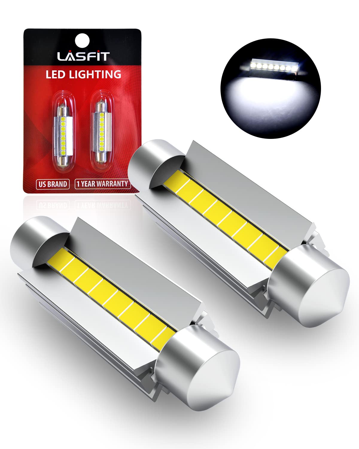 LASFIT 44mm LED Festoon Bulbs, Canbus Error Free, 400LM, 6000K, Xenon White, Pack of 2