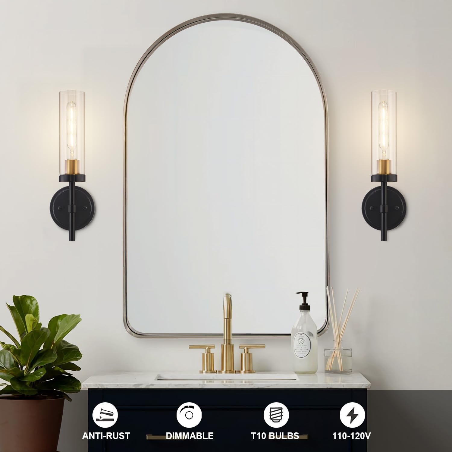 SANTOSTOCK Black and Gold Hardwired Wall Sconces, 2 Pack Clear Glass Modern Lighting for Bathroom, Bedroom, Living Room, Model SSW009B1-2