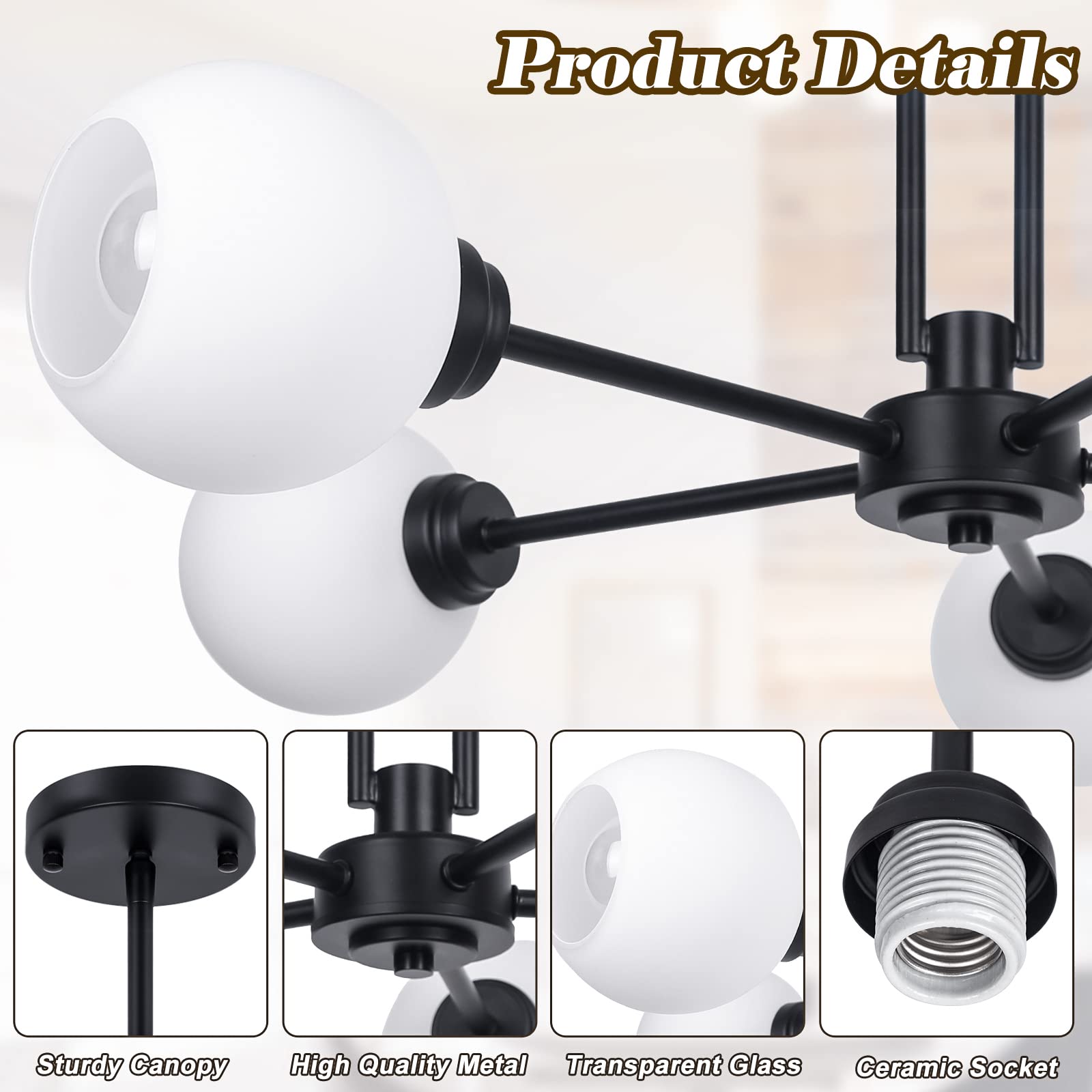 Modern 5-Light Globe Sputnik Chandelier - Large Semi-Flush Dining Room Light, Black Glass Pendant For Kitchen, Living Room, Bedr