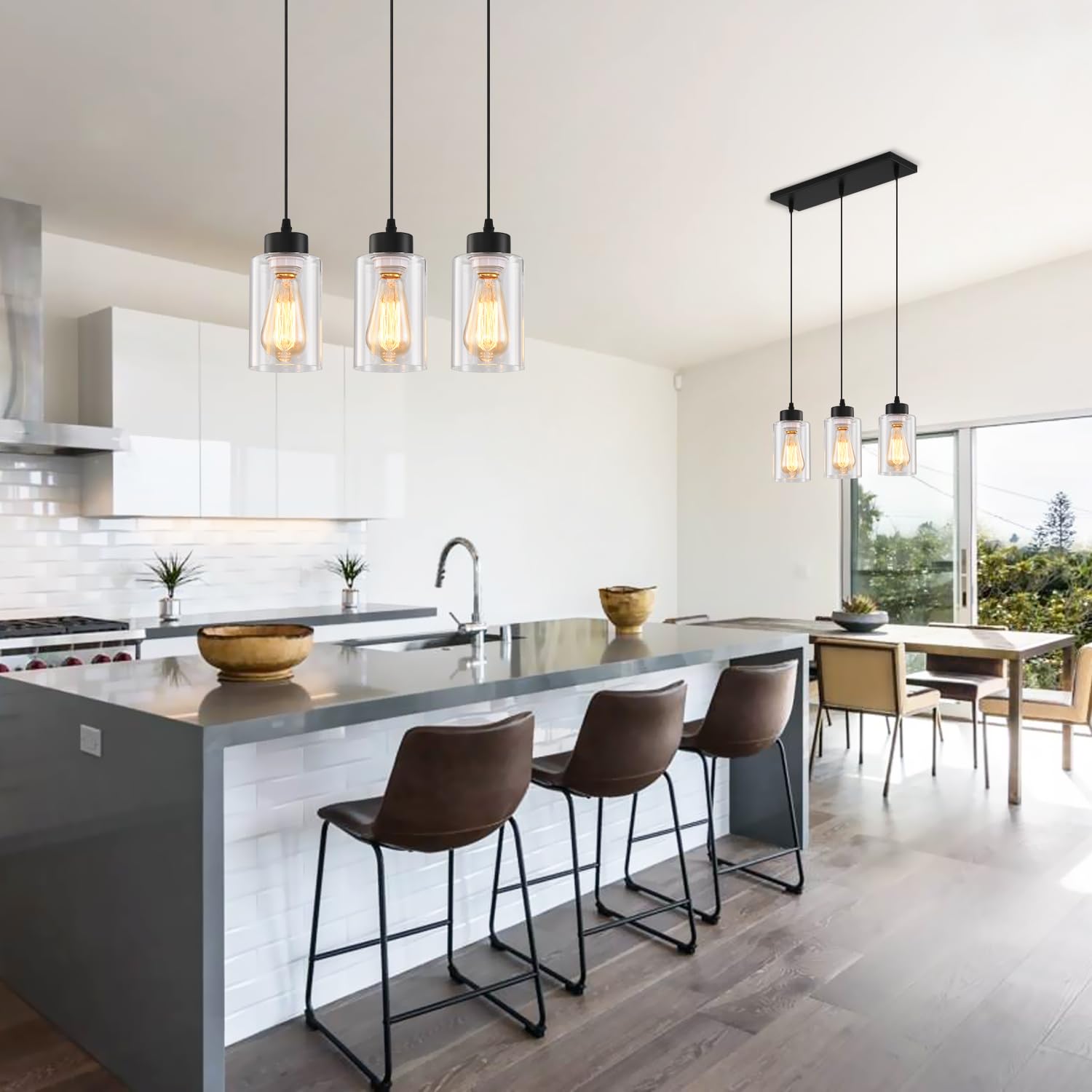 Cafulam Black Chandelier Farmhouse Light Fixtures Over Table  Dining Room Light Fixture Kitchen Island Lighting Chandeliers Modern Pendant Light With Clear Glass Shade Industrial Hanging Lighting