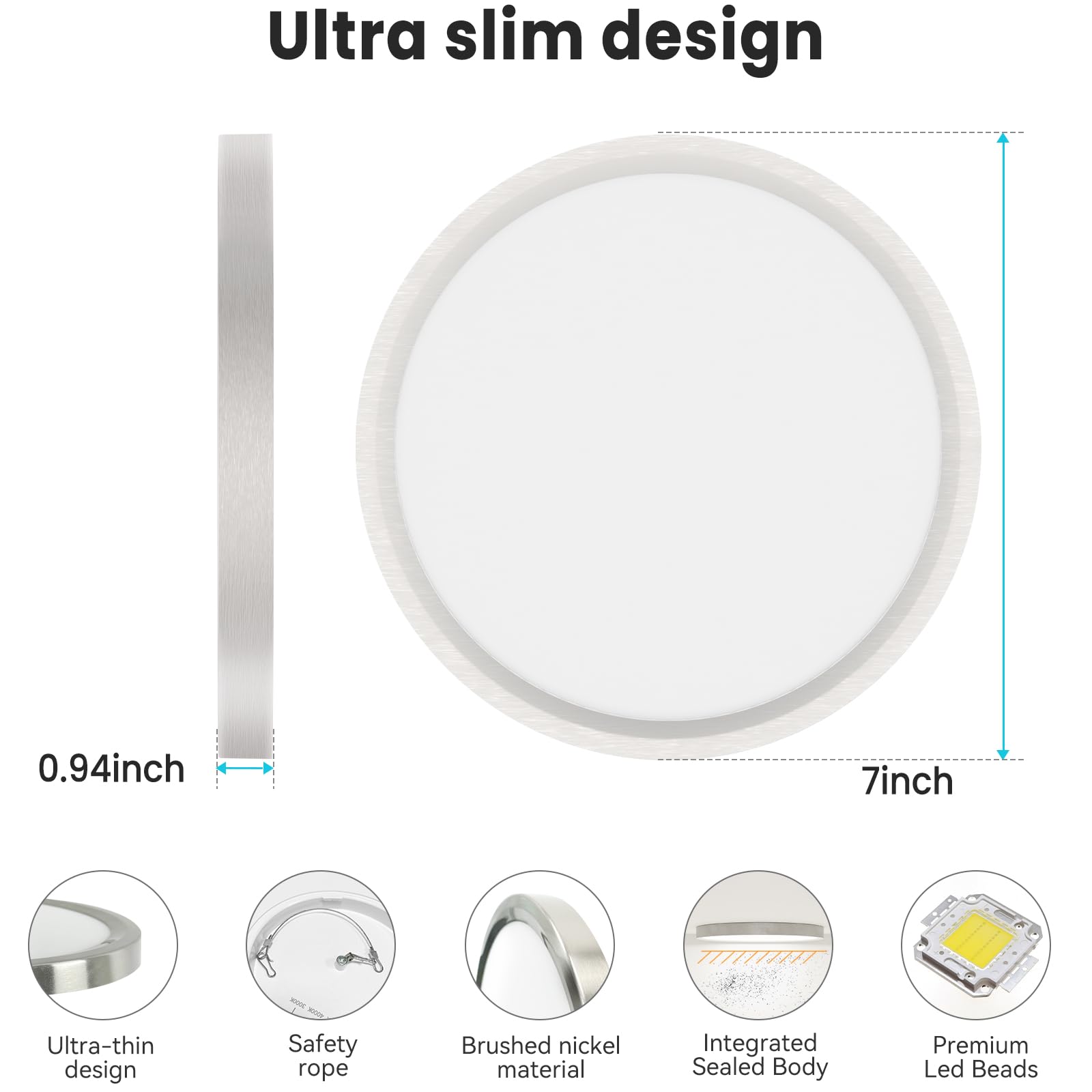 Libtit 7 Inch Nickel Brushed Flush Mount Ceiling Light, 15W Ceiling Light Fixture,3000K/4000K/6500K Color Selectable,Ultra-Thin