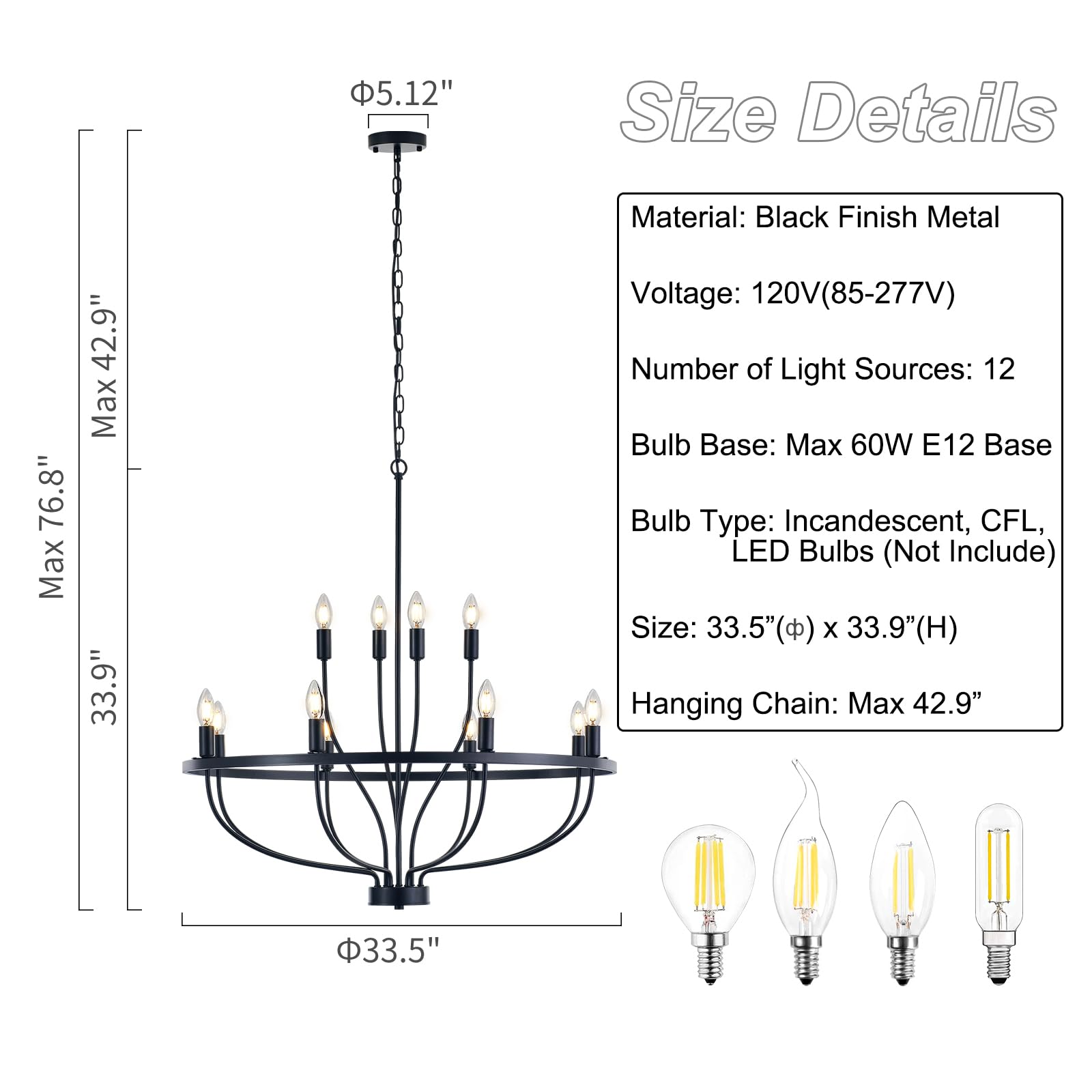 Widluth 33.5'' Industrial Black Chandelier Vintage 12-Lights Rustic Candle Style Chandeliers Light Fixture Retro Farmhouse Black