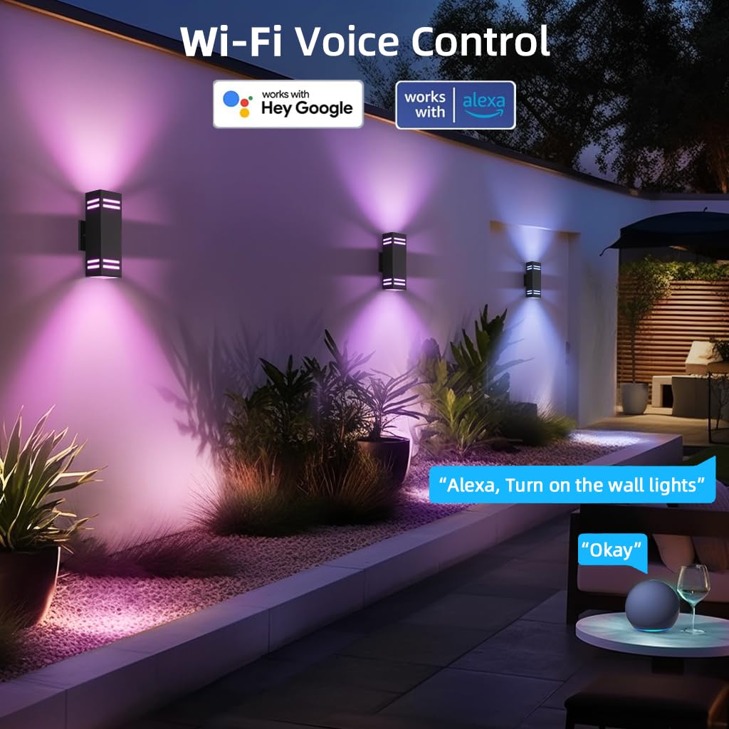 KIZON Smart Outdoor Wall Lights RGB 2 Pack, Waterproof Dimmable Fixtures, App & Remote Control, Black M2, Model S5