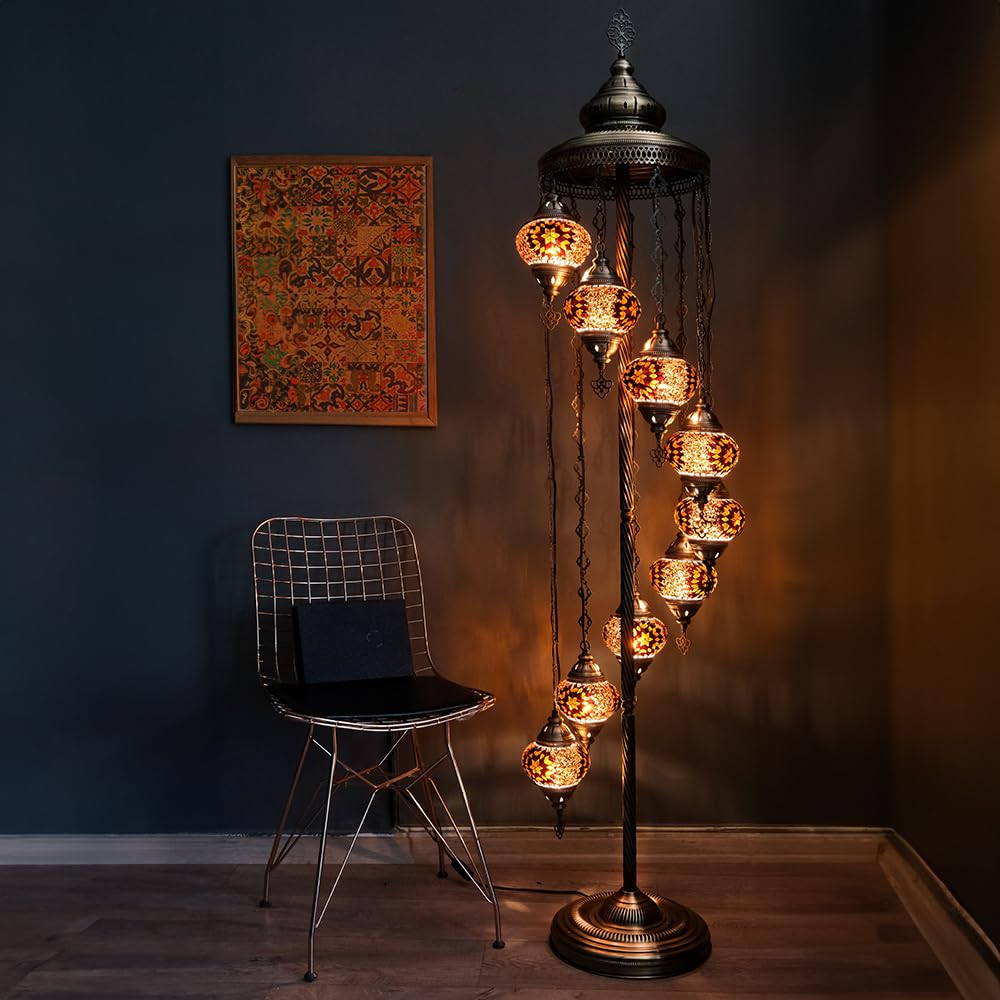 Asylove Turkish Lamp 9 Globe Mosaic Floor Lamp, Mosaic Standing Lamp 9 Globe Mosaic Moroccan Lamps Floor Lamp For Decorative Home Designs Offer 5 Inch Globe - Total Height 70 Inch (Daisy Brown)