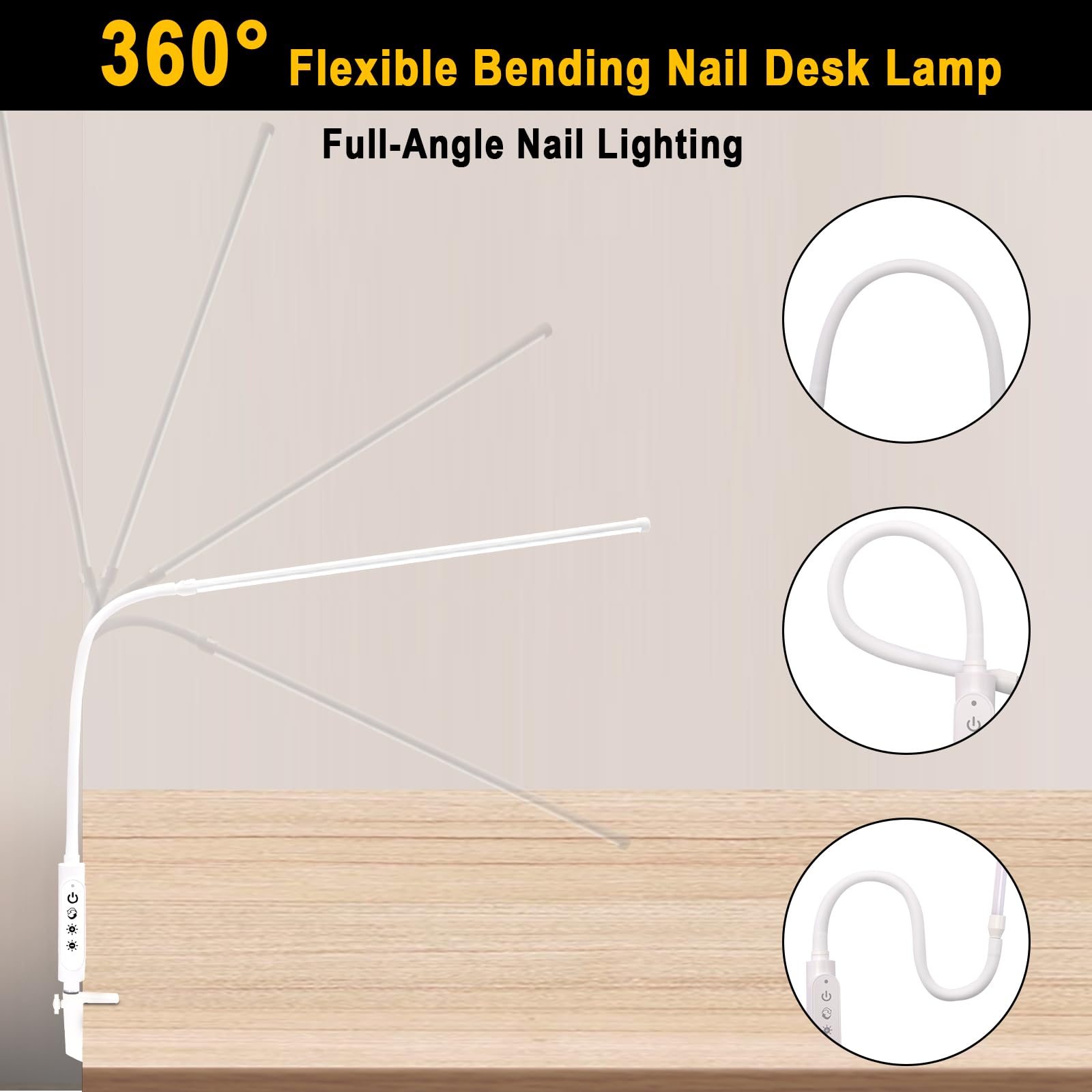 CGBE 360° Adjustable Nail Lamp - 23.6-Inch LED Desk Light with 3 Color Modes & 5 Brightness Levels - White, Aluminum
