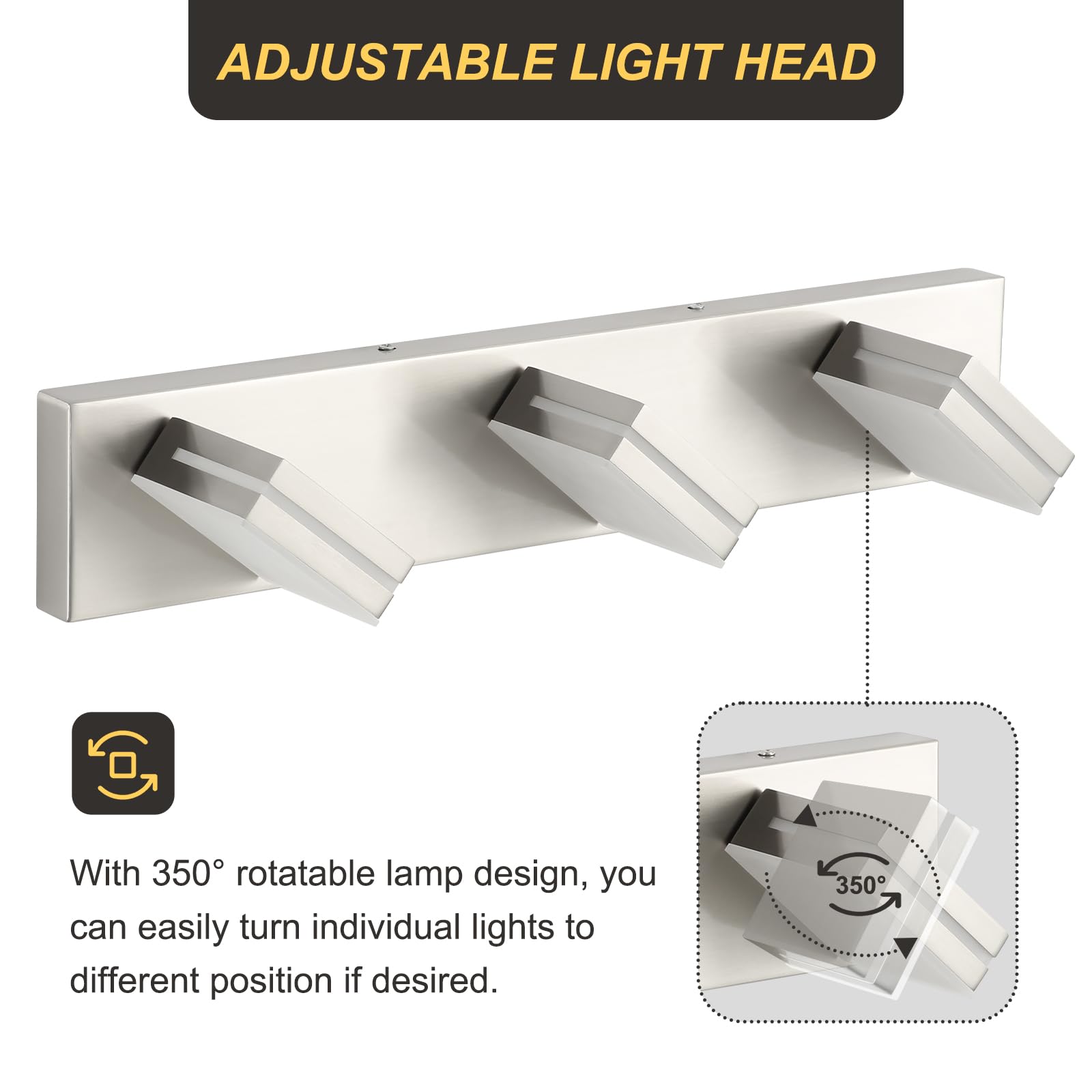 Okeli 3 Light Bathroom Vanity Light Brushed Nickel Modern 24W Led Dimmable Vanity Light Over Mirror 350 Adjustable Lamp Head Col