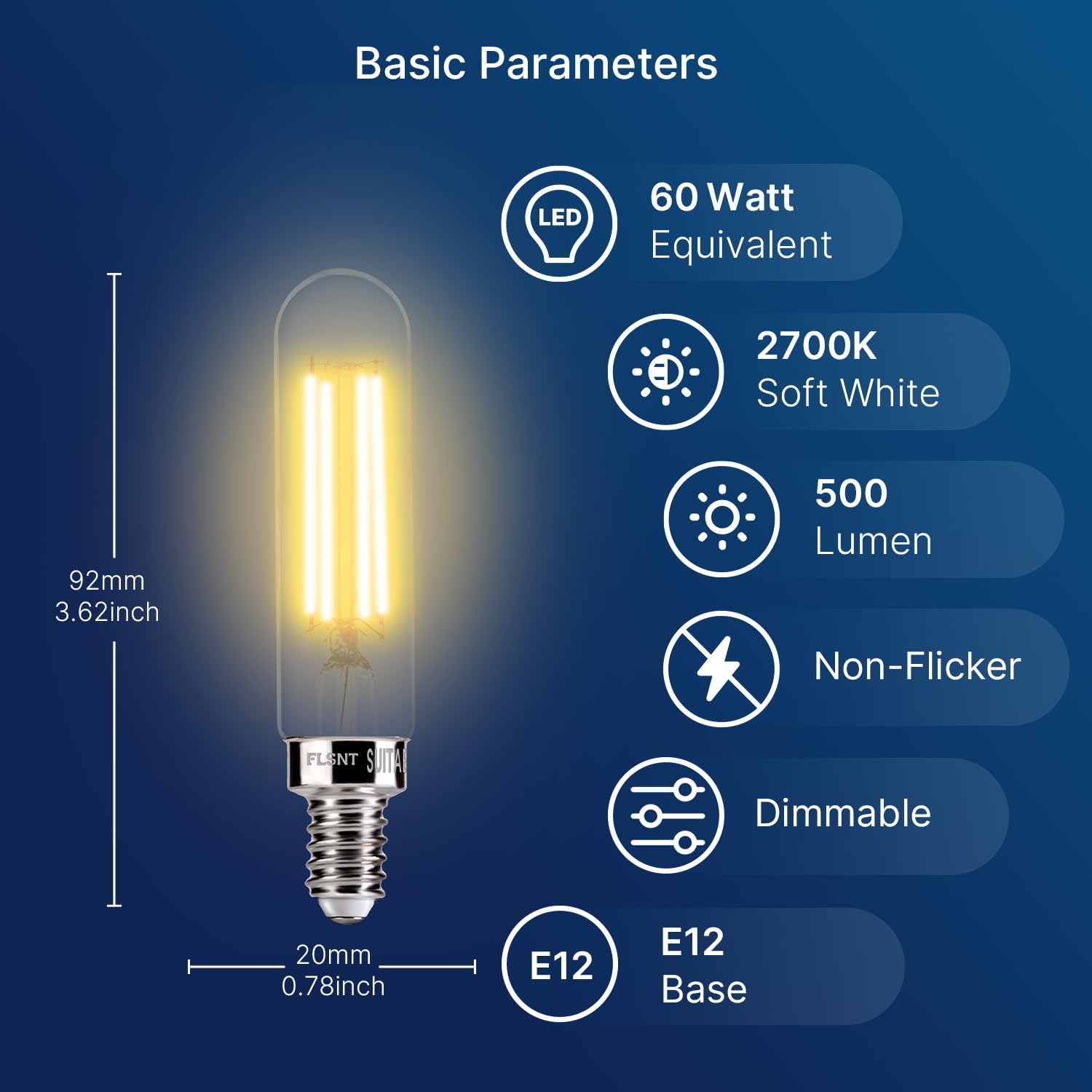 Flsnt Dimmable T6/T25 Edison Led Bulbs 60W Equivalent E12 Candelabra Base 2700K Soft White 500Lm 5.5W Decorative Edison Bulb For