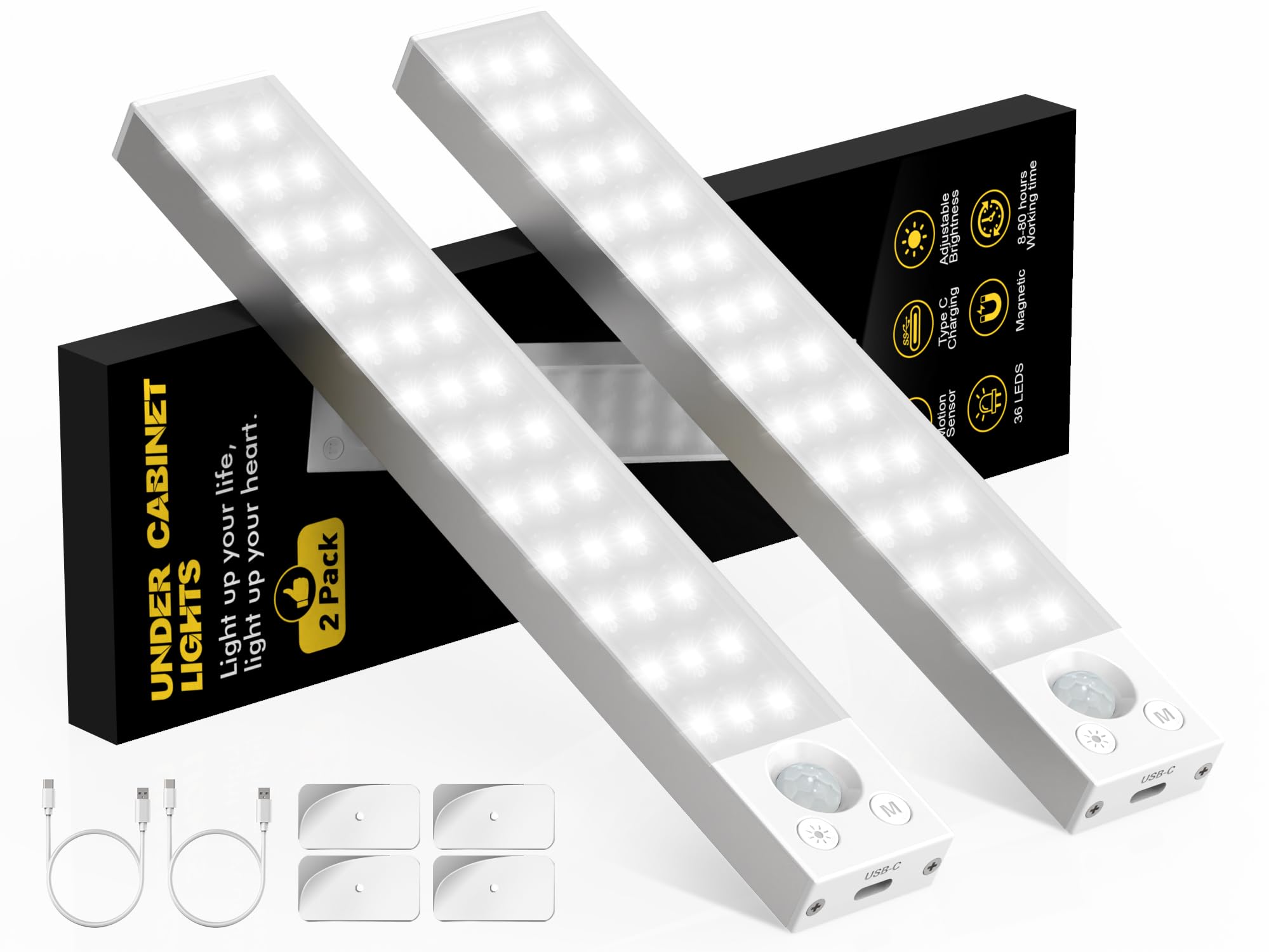 Under Cabinet Lights - 2 Pack Dimmable Motion Sensor Light Indoor - Rechargeable Under Cabinet Lighting Wireless,Closet Lights -