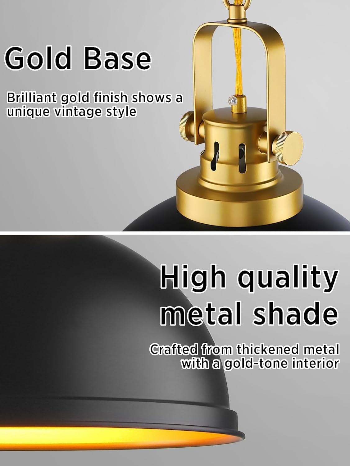 Mgcanyu 2-Pack Black Gold Pendant Lights, 12in Matte Black Metal Fixture for Kitchen, Dining Room, Industrial Style, Model M-XT-D