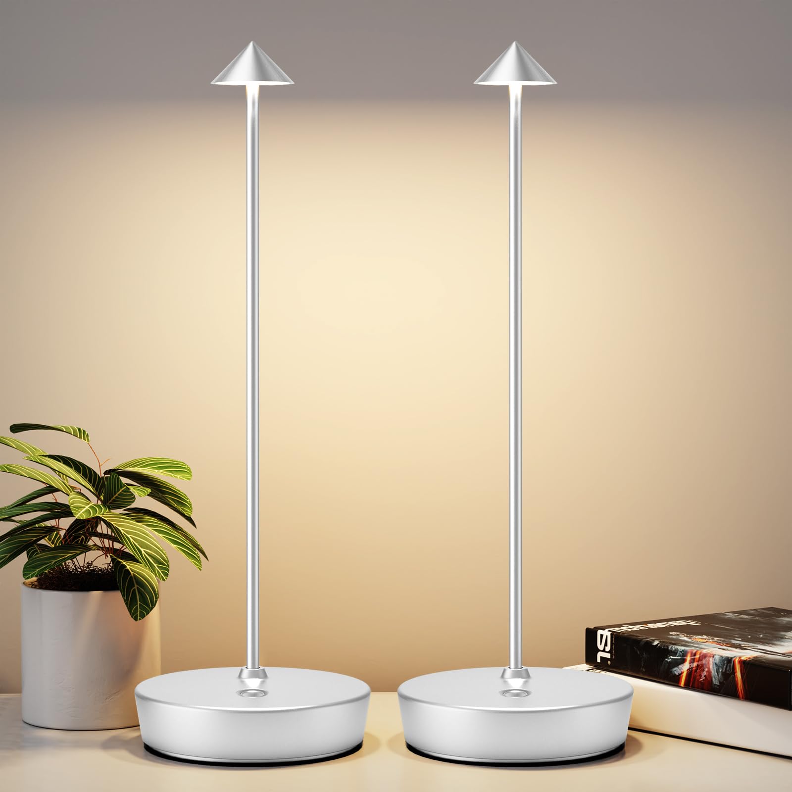 YIBEN Rechargeable Cordless Table Lamp, LED Battery 6000mAh, 3 Brightness Levels, 2-Pack, Silver, Model X12