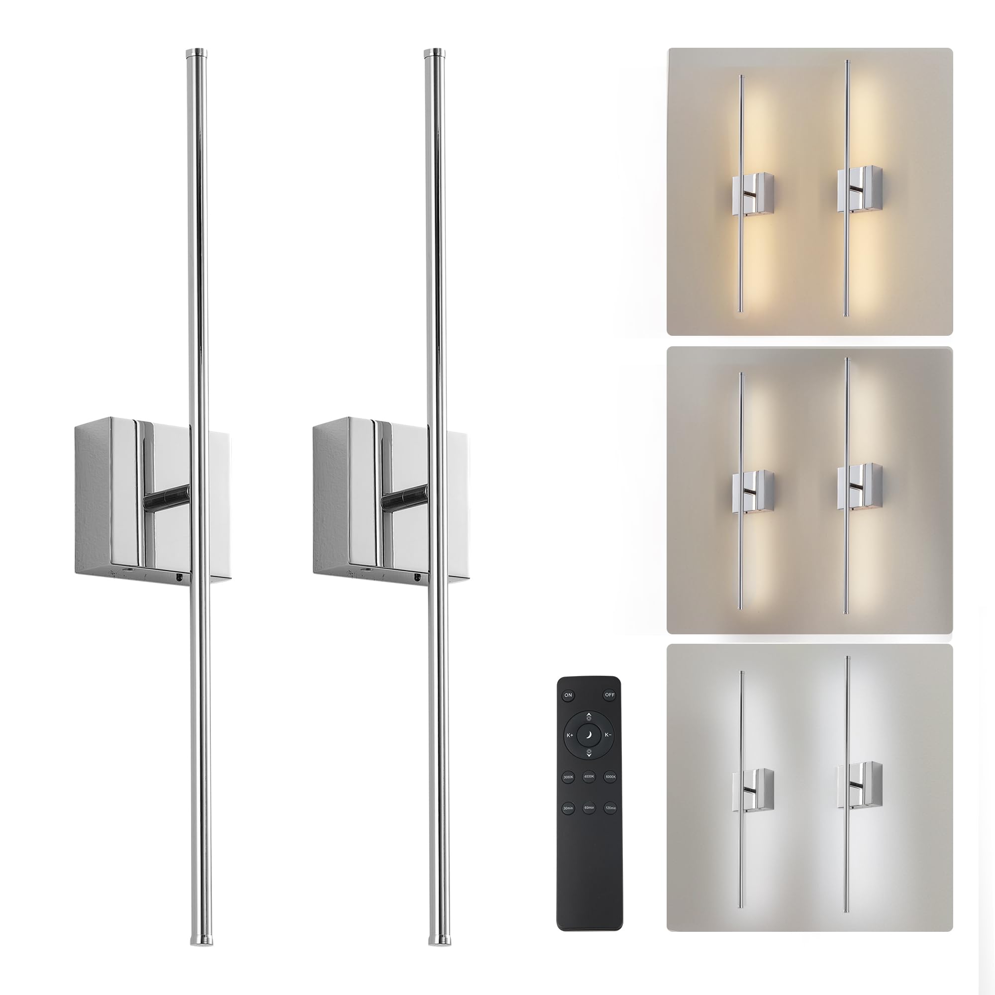 KARTOOSH Wall Sconces, LED Gold, Remote Control, Dimmable, 28.3 Inch, Chrome, Model ZM321BCM70 (2 Pack)