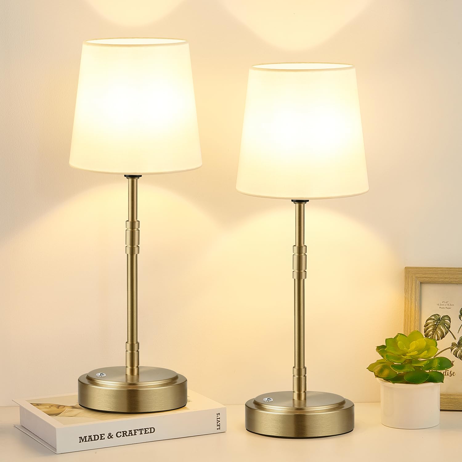 Cordless Table Lamps Set of 2 - Battery Operated Lamp with 7500mAh Rechargeable Battery, Stepless Dimmable Vintage Brass Desk Wi