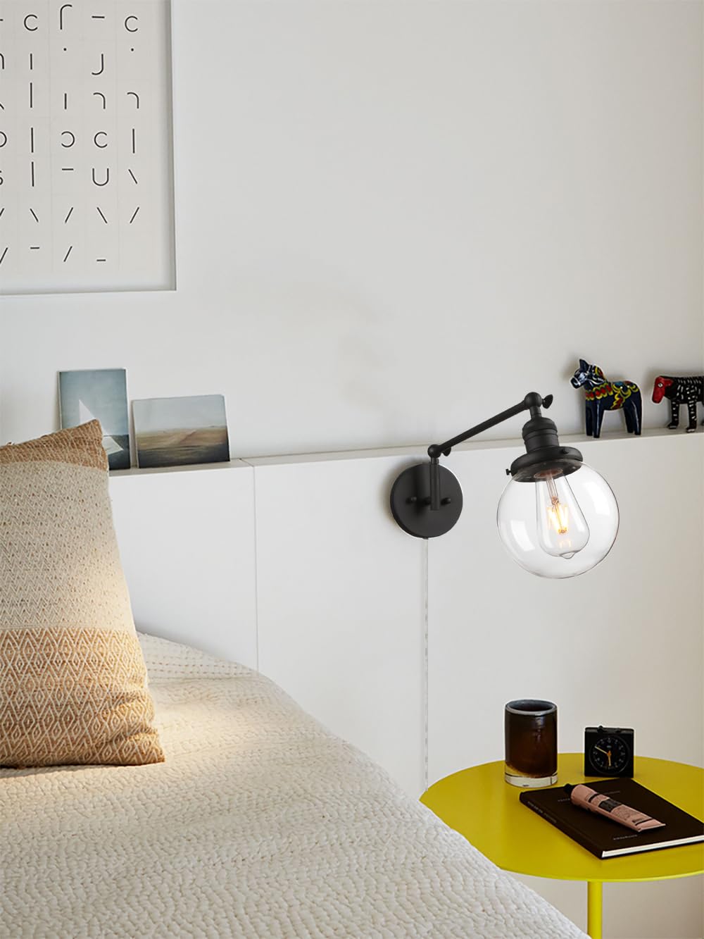 Permo Industrial Wall Sconce Plug In Sconce Swing Arm Wall Light Fixture With 5.9 Glass Globe Shade For Bedroom, Living Room Off