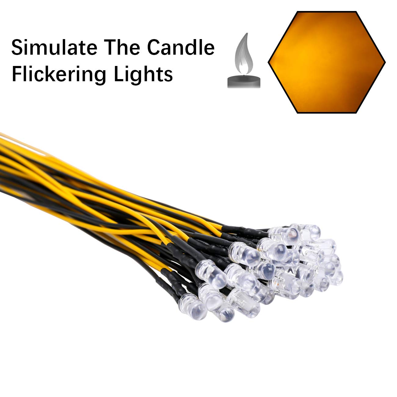 EDGELEC 30pcs 12V 5mm Yellow Flicker LED Lights - Pre Wired Candle Lights with Clear Lens
